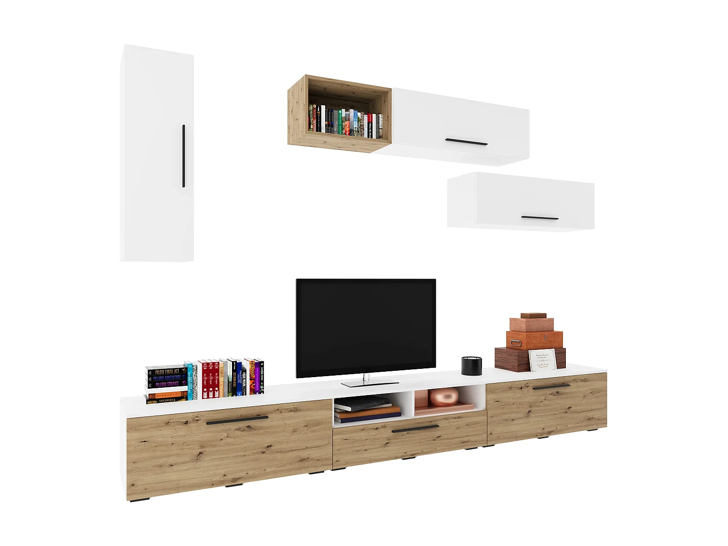 Conjunto sala haaus Kos V 19, 7 peças, móveis TV, armários suspensos, prateleiras, Branco/Carvalho Artisan, L 285 cm