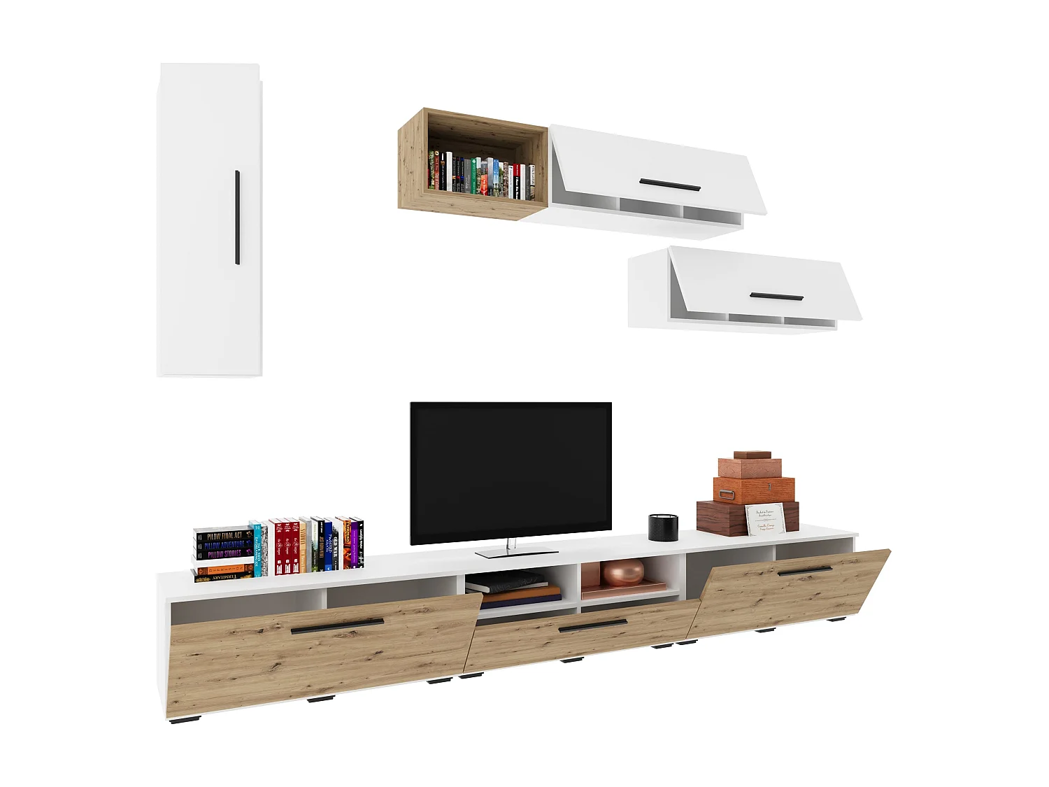 Conjunto sala haaus Kos V 19, 7 peças, móveis TV, armários suspensos, prateleiras, Branco/Carvalho Artisan, L 285 cm