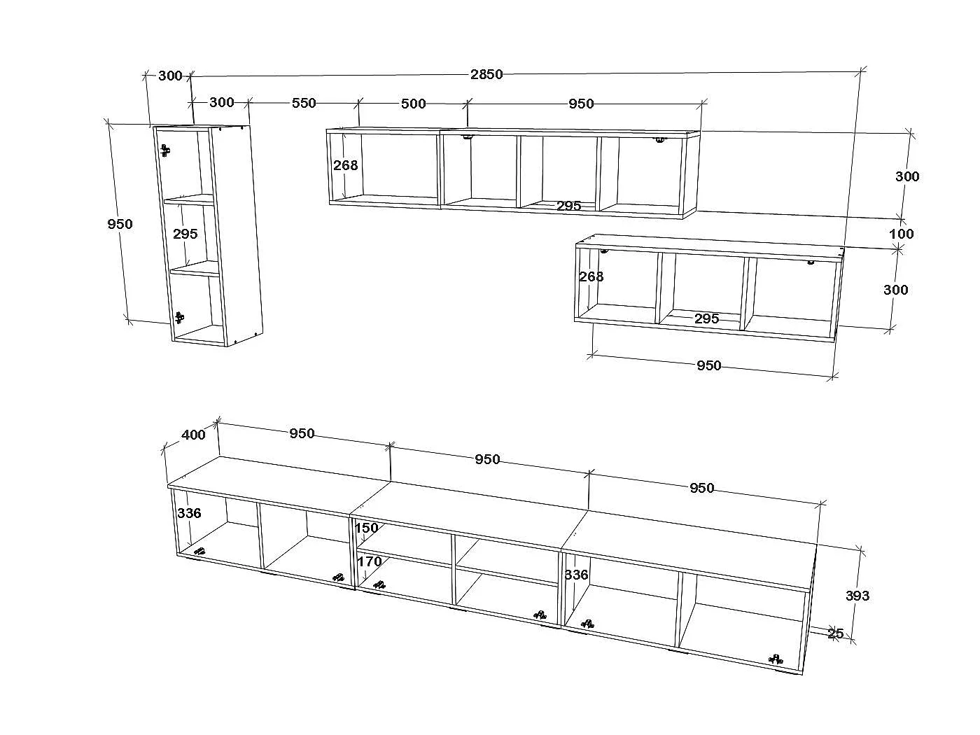 Conjunto sala haaus Kos V 19, 7 peças, móveis TV, armários suspensos, prateleiras, Branco/Carvalho Artisan, L 285 cm
