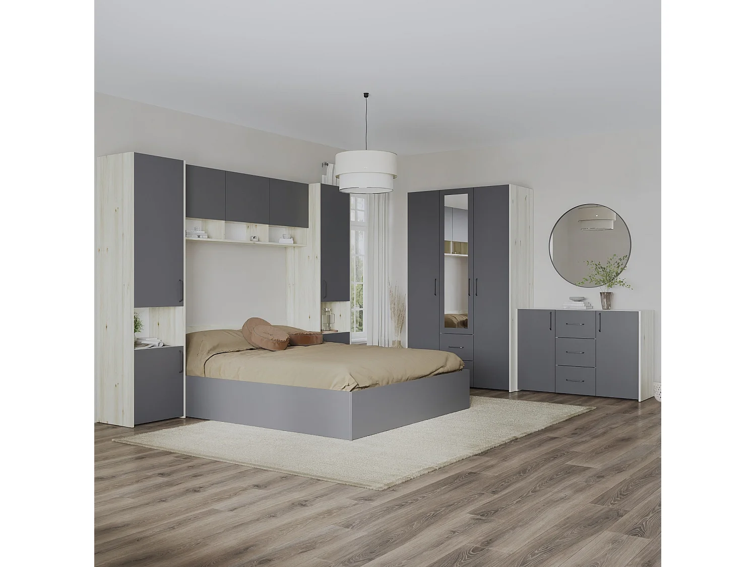 Set camera da letto haaus Malmo V12, Letto 200 x 140 cm, Rovere Bianco/Antracite