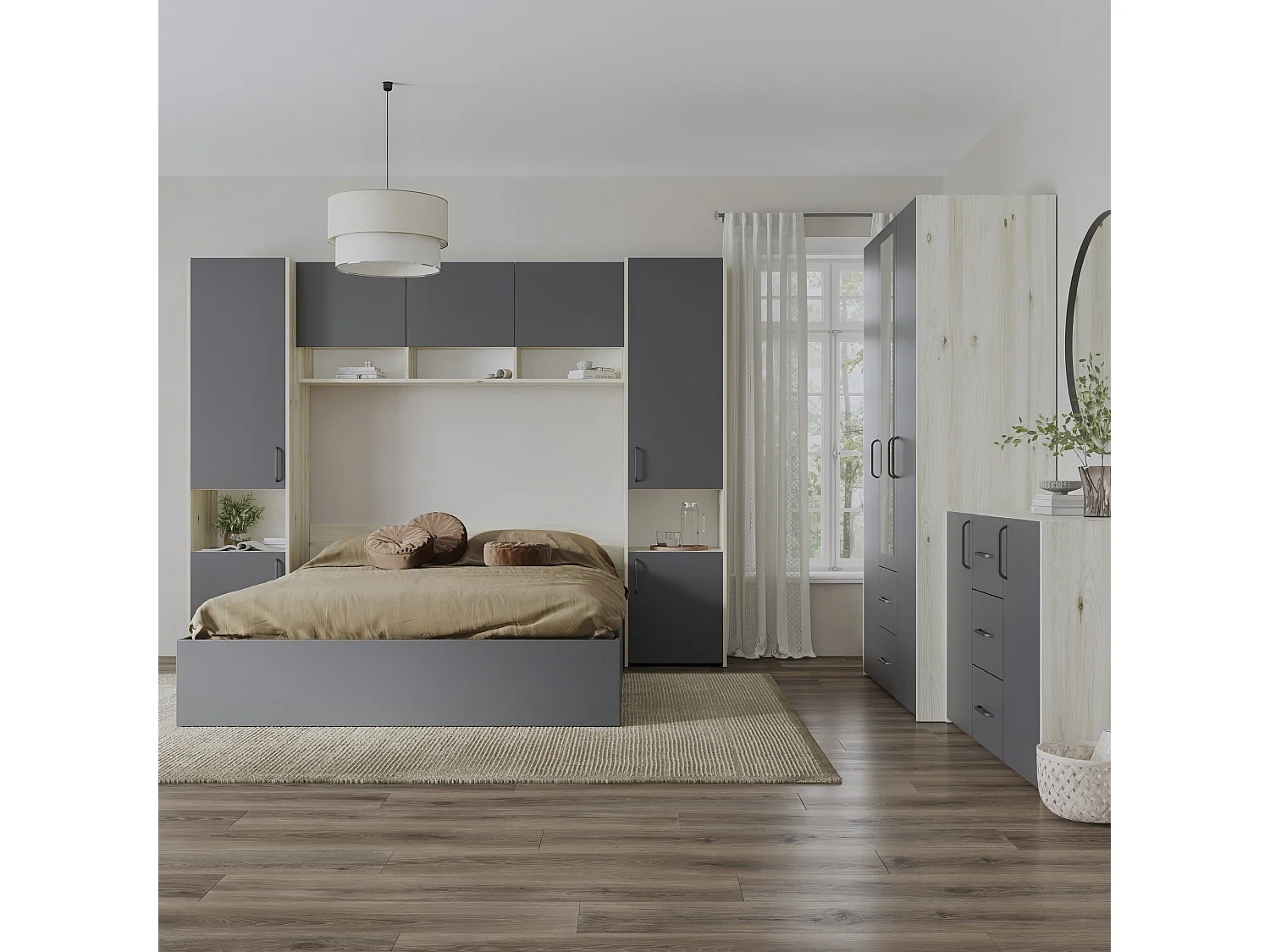 Set camera da letto haaus Malmo V12, Letto 200 x 140 cm, Rovere Bianco/Antracite