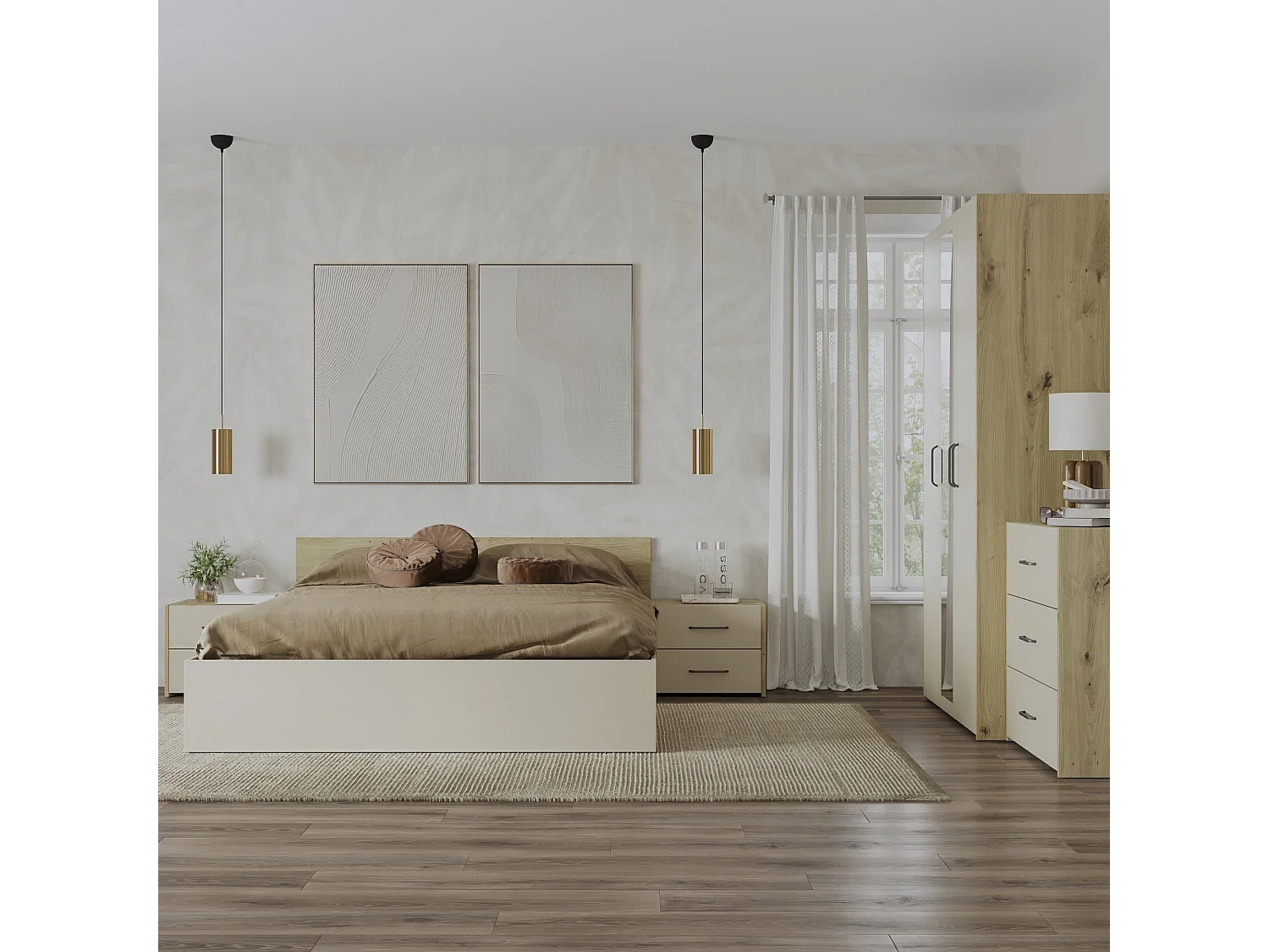 Set camera da letto haaus Malmo V4, Letto 200 x 160 cm, Rovere Artisan/Argilla