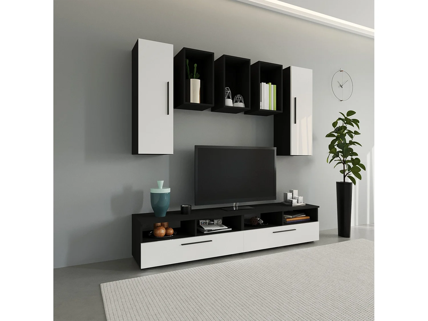 Set 7 pièces living haaus Kos V 9, meubles TV, armoires suspendues, étagères, Noir/Blanc Brillant, MDF, L 190 cm