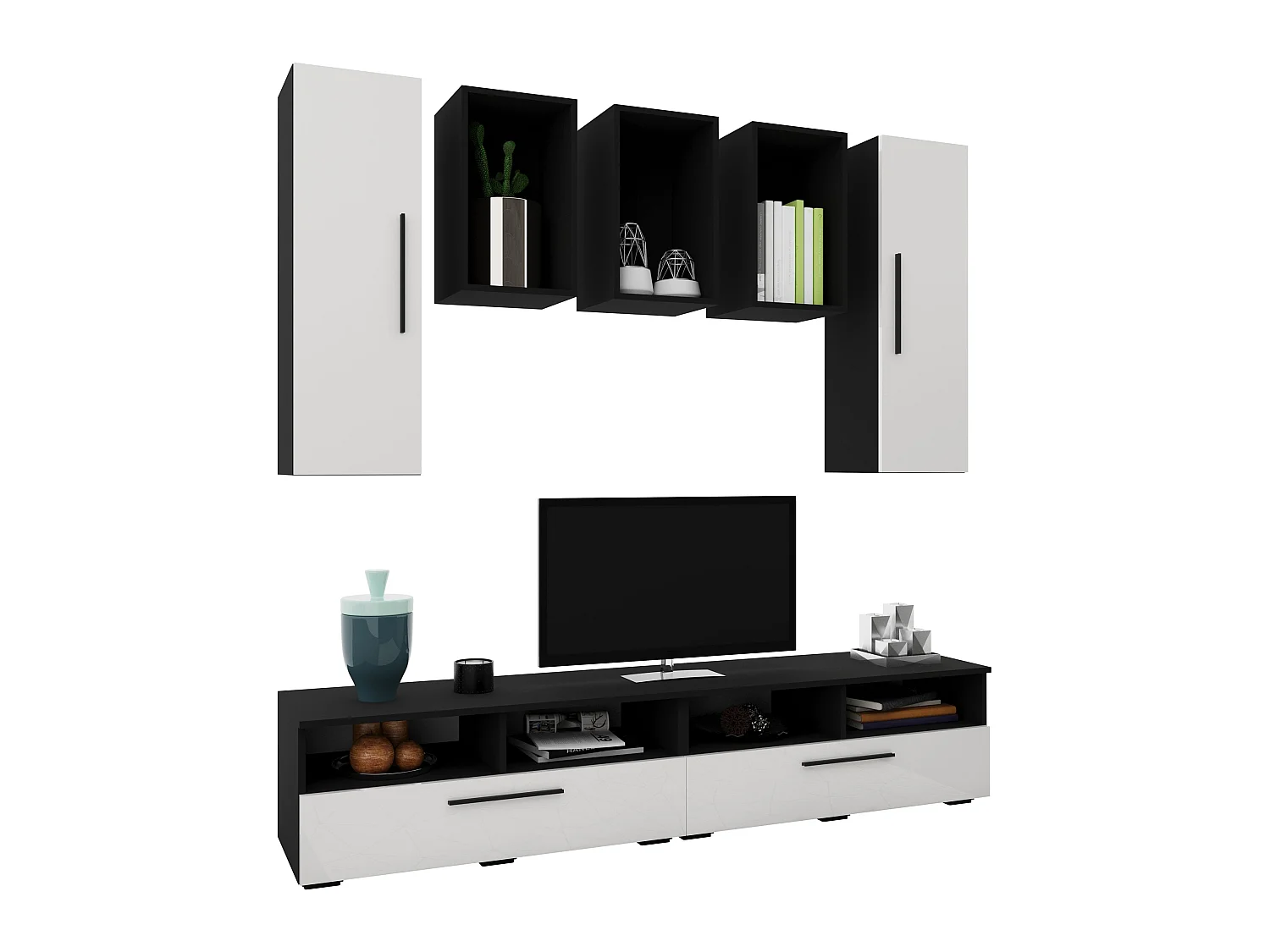 Set 7 pièces living haaus Kos V 9, meubles TV, armoires suspendues, étagères, Noir/Blanc Brillant, MDF, L 190 cm