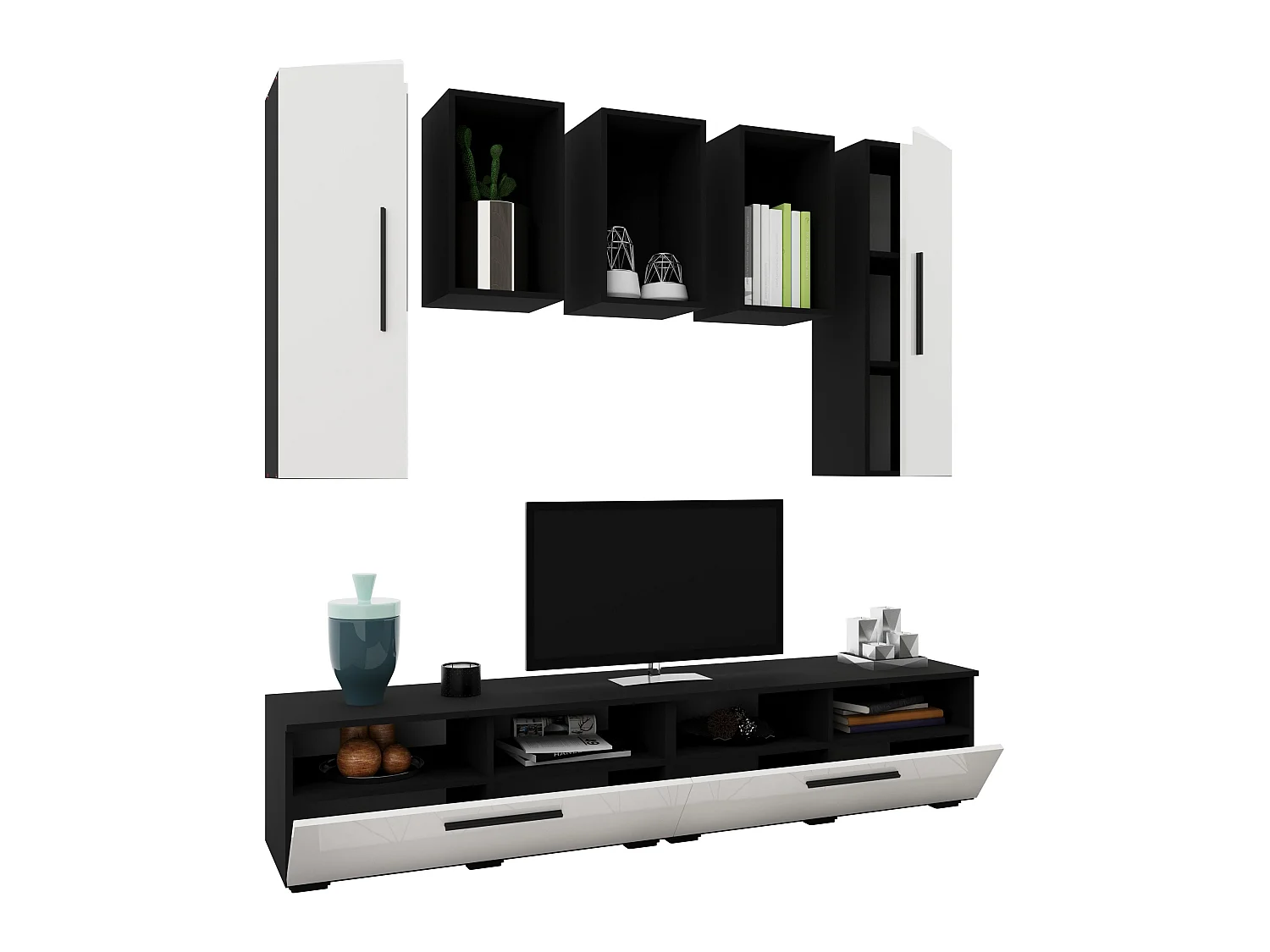Set 7 pièces living haaus Kos V 9, meubles TV, armoires suspendues, étagères, Noir/Blanc Brillant, MDF, L 190 cm