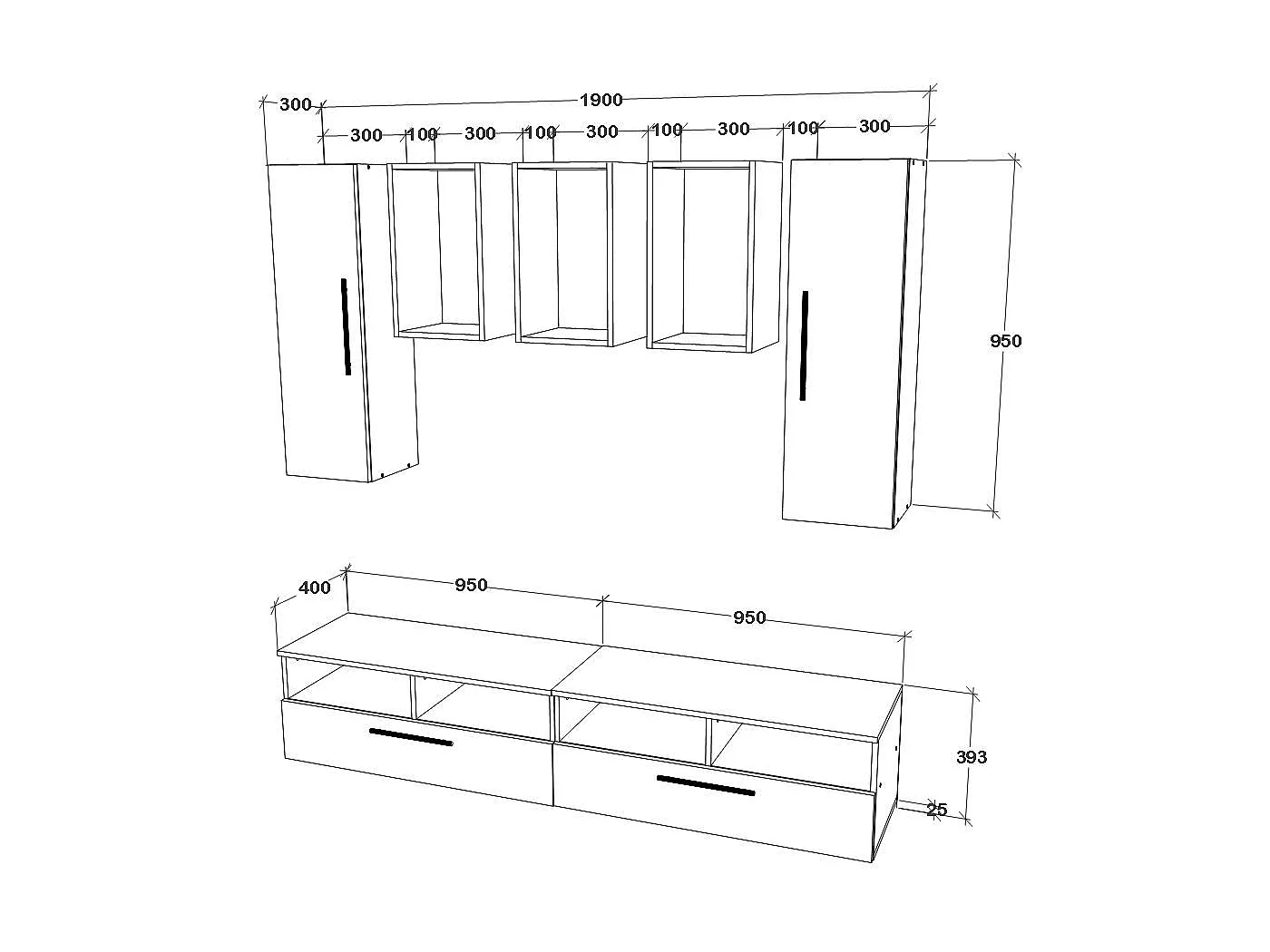 Set 7 pièces living haaus Kos V 9, meubles TV, armoires suspendues, étagères, Noir/Blanc Brillant, MDF, L 190 cm