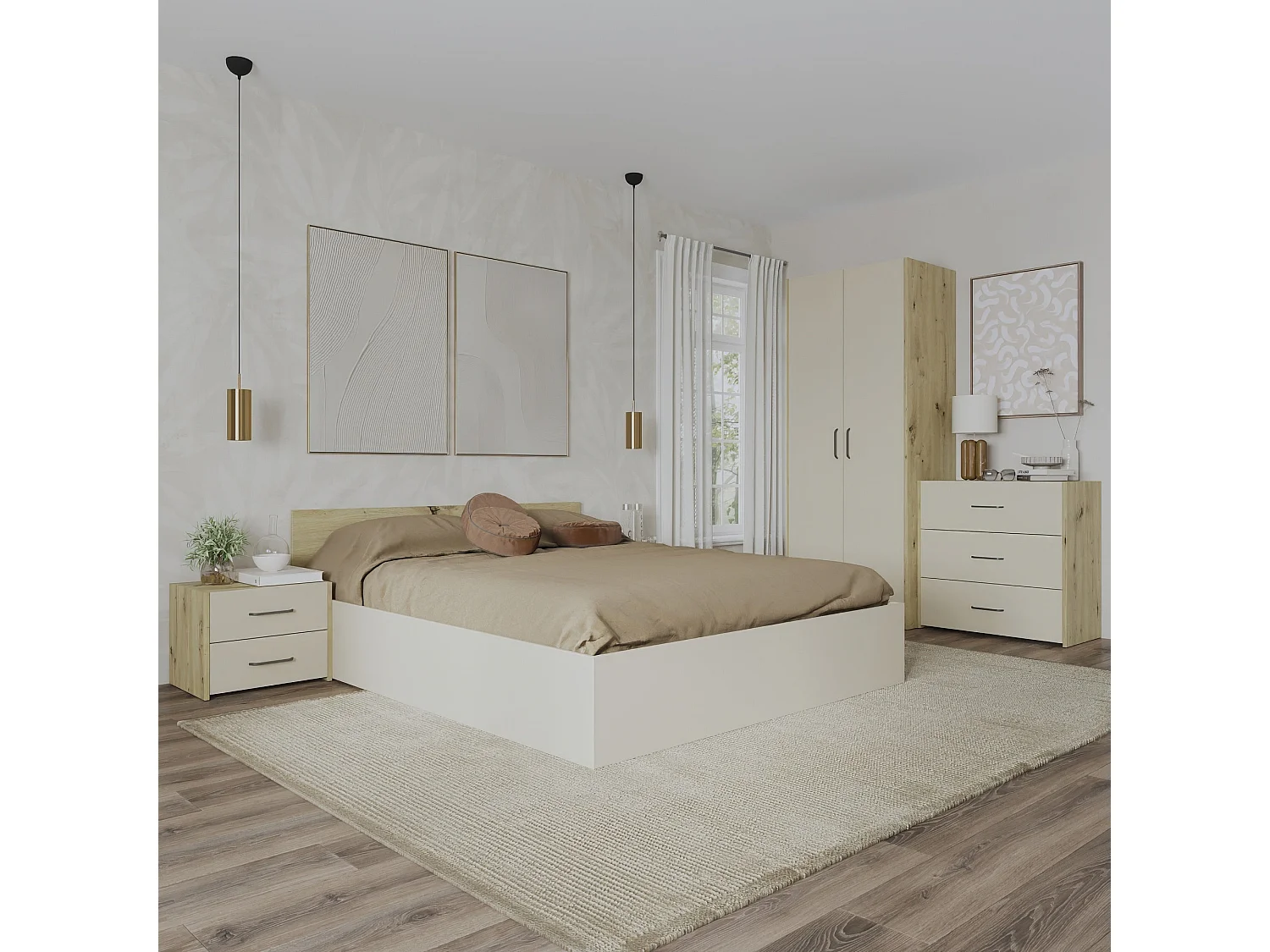 Set camera da letto haaus Malmo V2, Letto 200 x 160 cm, Rovere Artisan/Argilla