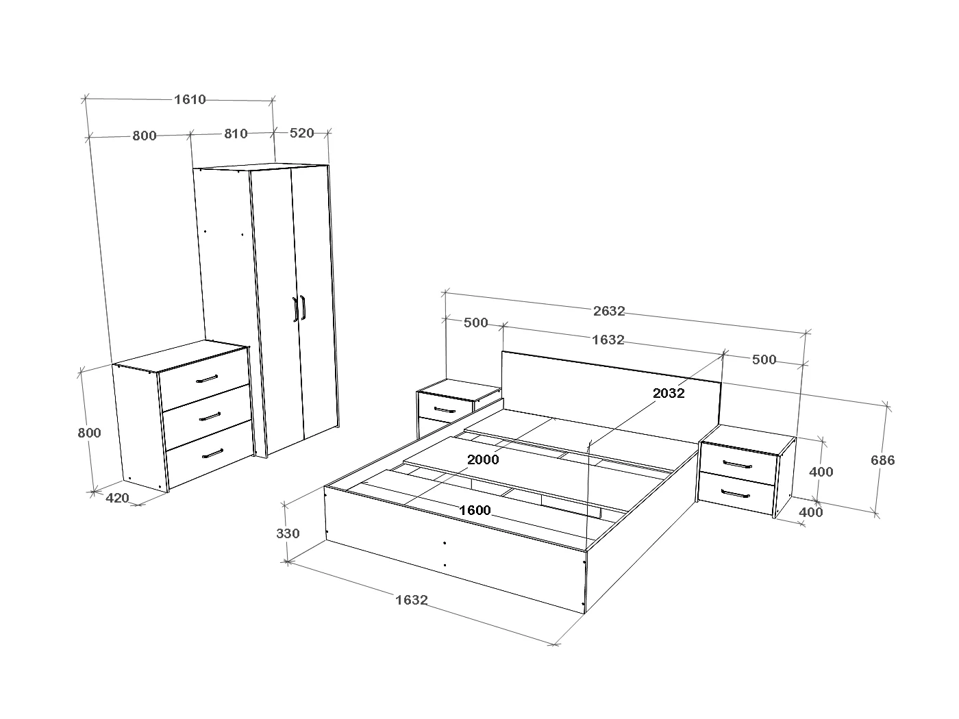 Set camera da letto haaus Malmo V2, Letto 200 x 160 cm, Rovere Artisan/Argilla