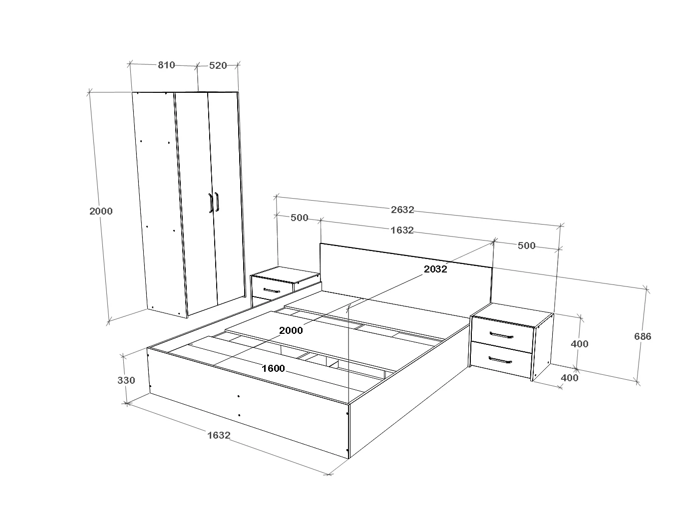Set camera da letto haaus Malmo V16, Letto 200 x 160 cm, Rovere Bianco/Antracite