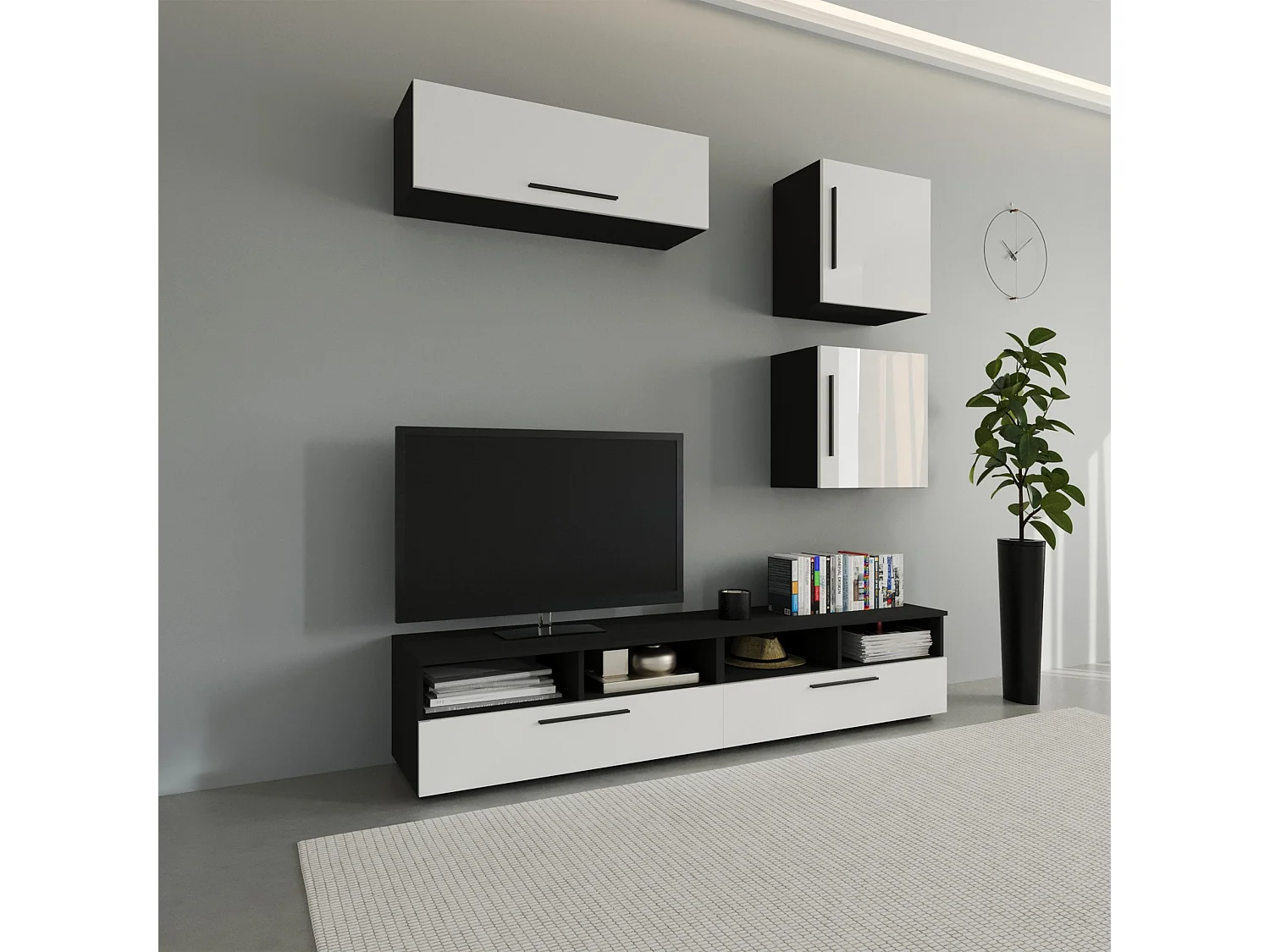 Set 5 pièces living haaus Kos V 15, meubles TV, armoires suspendues, étagères avec portes, Noir/Blanc Brillant, MDF, L 190 cm