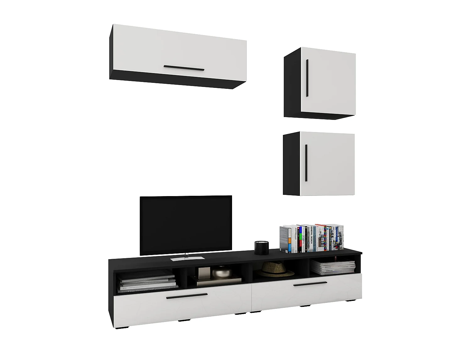 Set 5 pièces living haaus Kos V 15, meubles TV, armoires suspendues, étagères avec portes, Noir/Blanc Brillant, MDF, L 190 cm