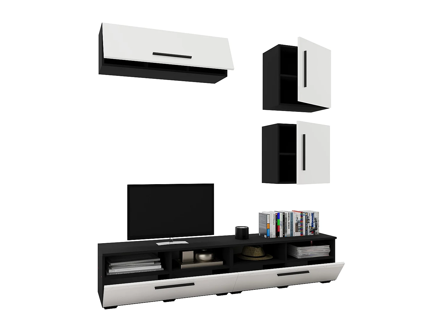 Set 5 pièces living haaus Kos V 15, meubles TV, armoires suspendues, étagères avec portes, Noir/Blanc Brillant, MDF, L 190 cm