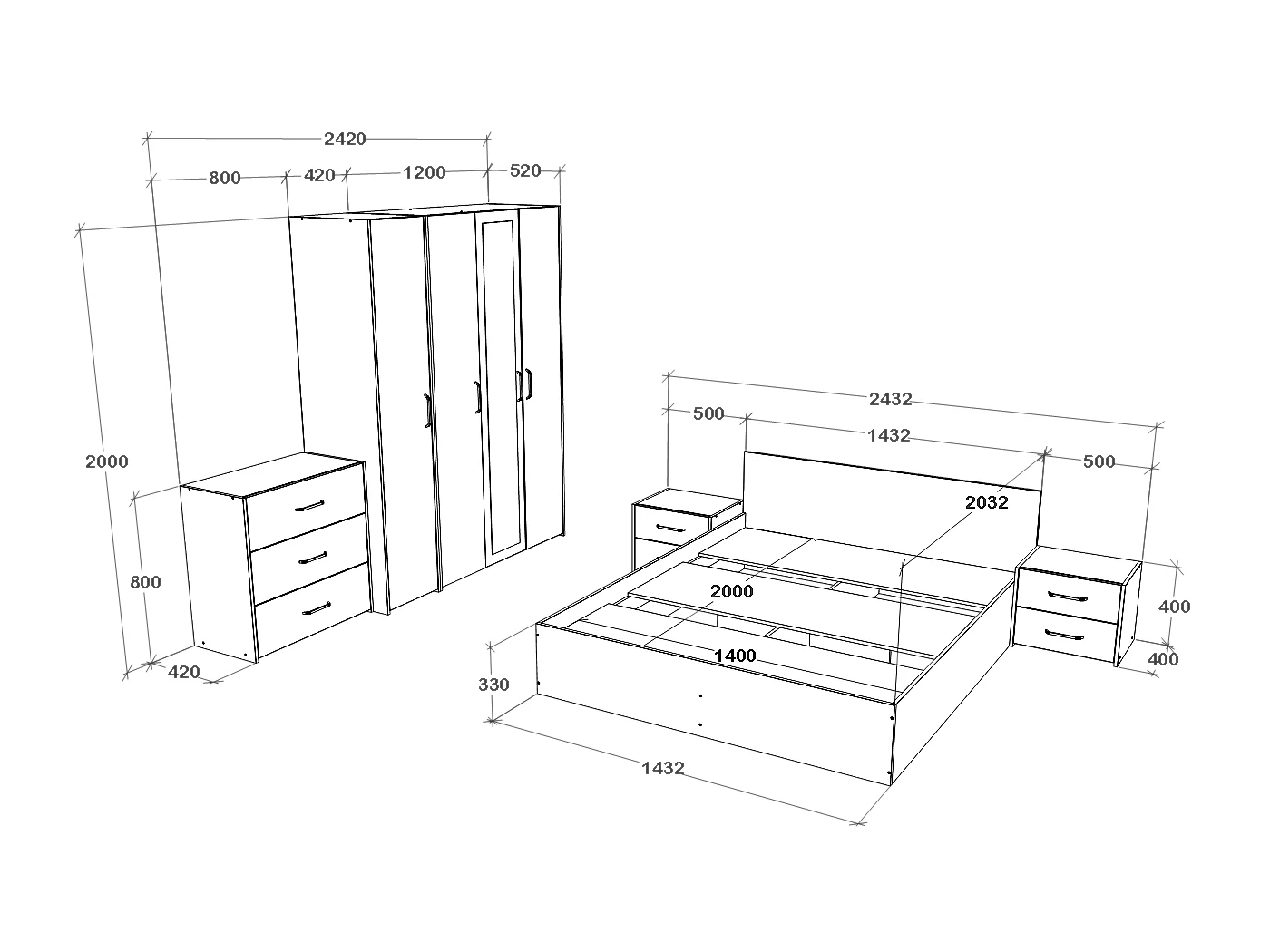 Set camera da letto haaus Malmo V8, Letto 200 x 140 cm, Rovere Bianco/Antracite