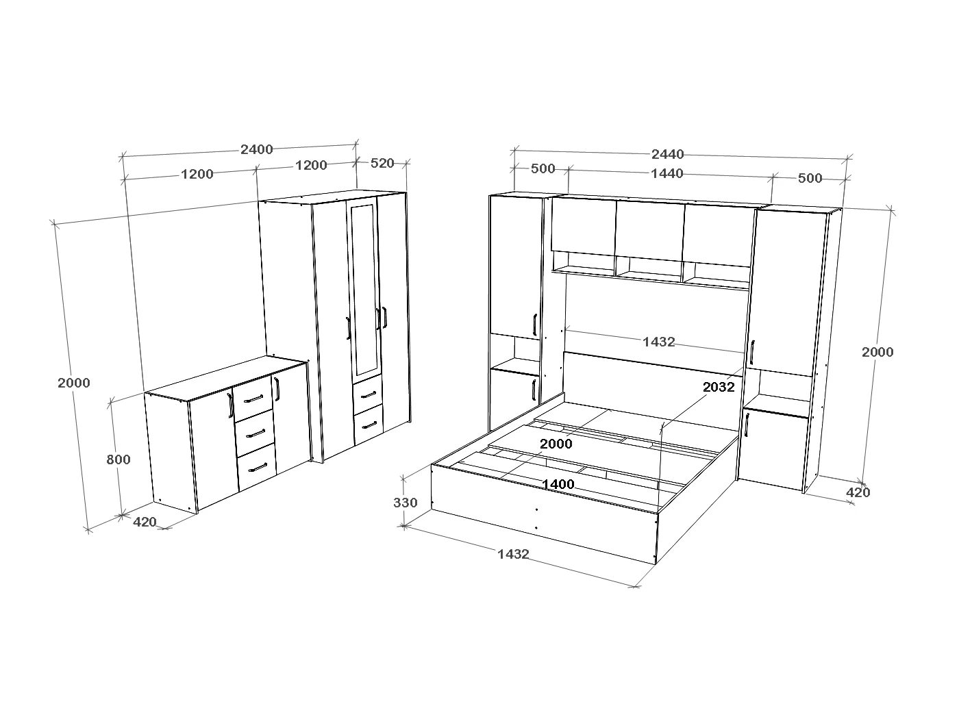 Set camera da letto haaus Malmo V12, Letto 200 x 140 cm, Rovere Artisan/Argilla