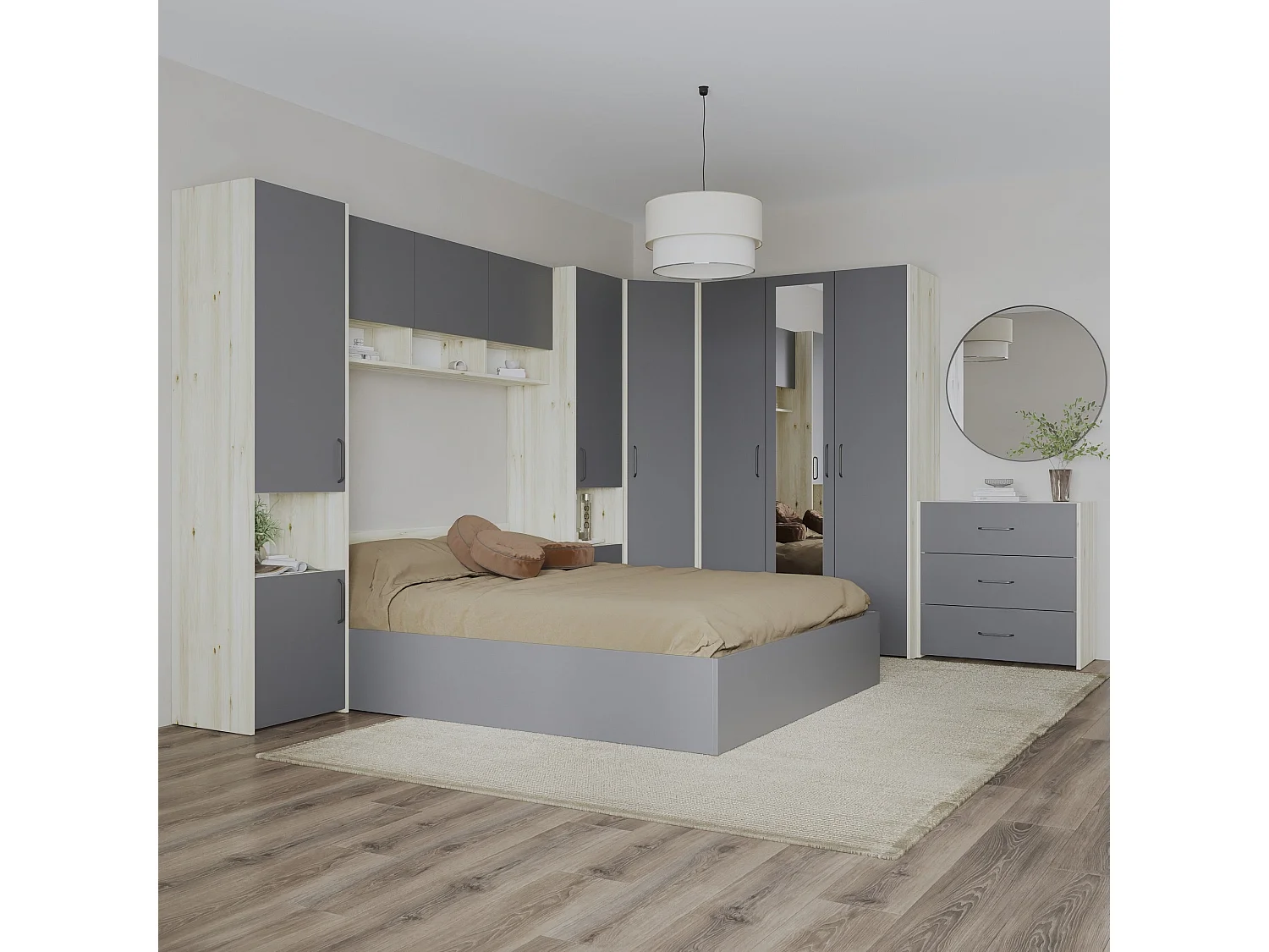 Set camera da letto haaus Malmo V6, Letto 200 x 140 cm, Rovere Bianco/Antracite