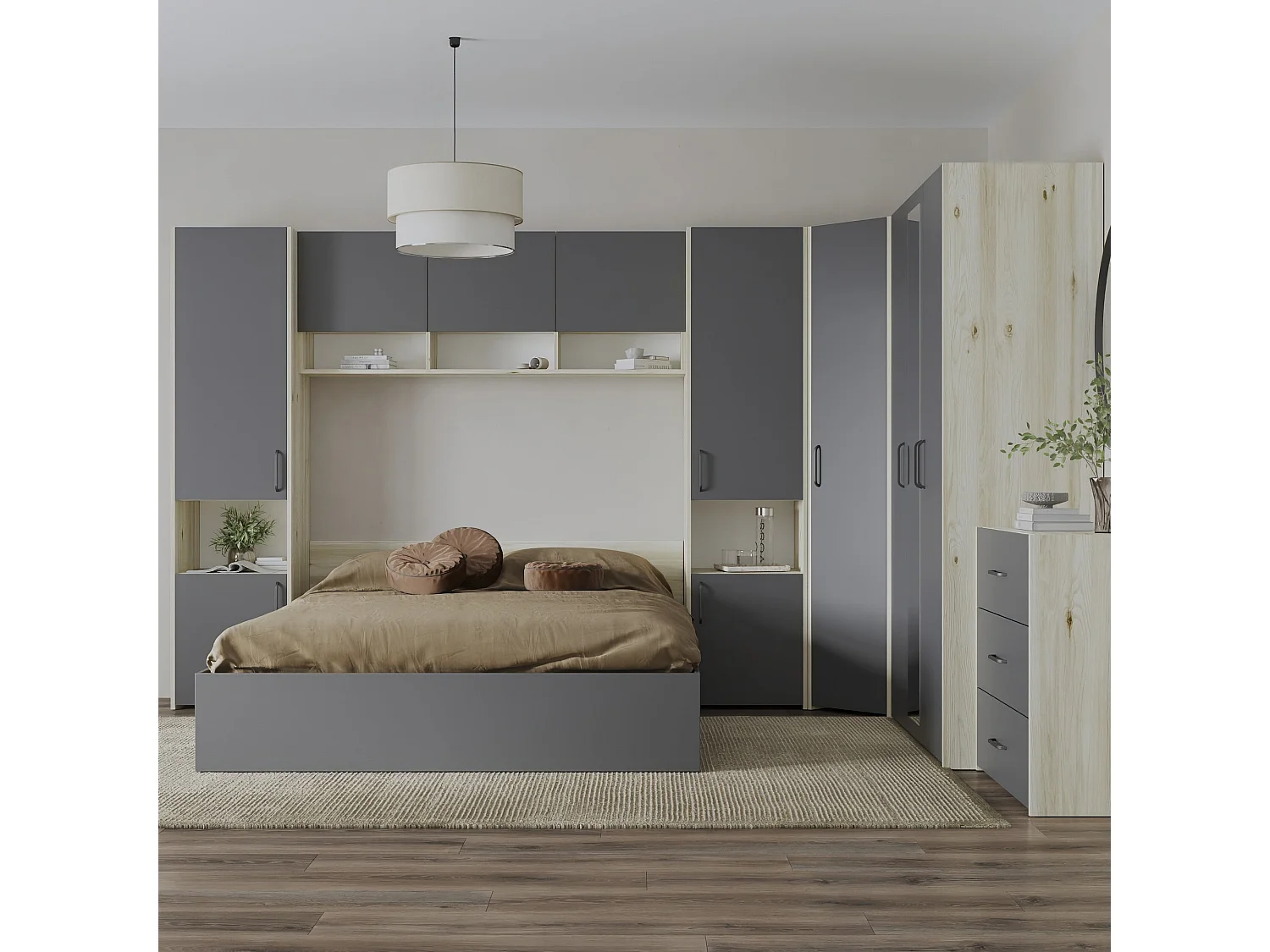 Set camera da letto haaus Malmo V6, Letto 200 x 140 cm, Rovere Bianco/Antracite