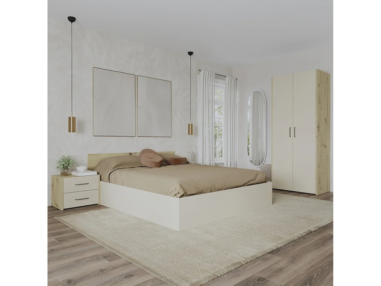 Set camera da letto haaus Malmo V16, Letto 200 x 160 cm, Rovere Artisan/Argilla