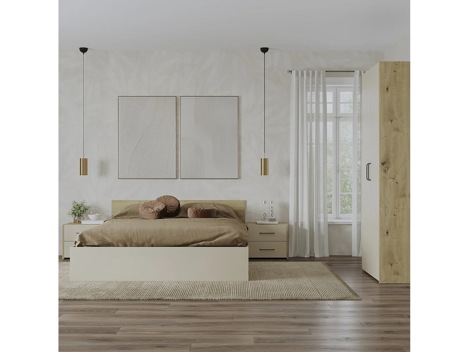 Set camera da letto haaus Malmo V16, Letto 200 x 160 cm, Rovere Artisan/Argilla