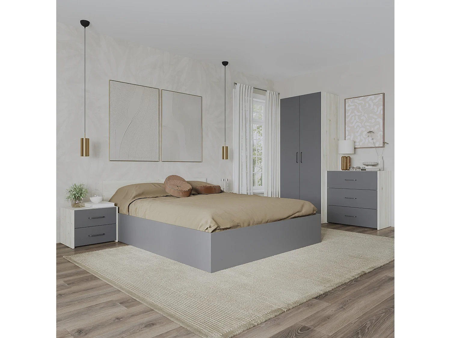Set camera da letto haaus Malmo V2, Letto 200 x 140 cm, Rovere Bianco/Antracite