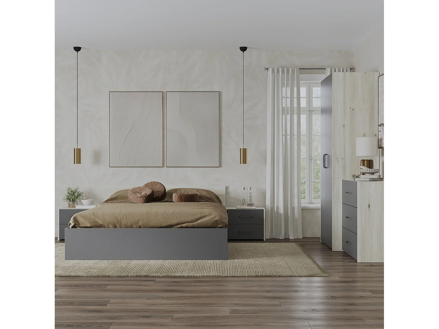 Set camera da letto haaus Malmo V2, Letto 200 x 140 cm, Rovere Bianco/Antracite