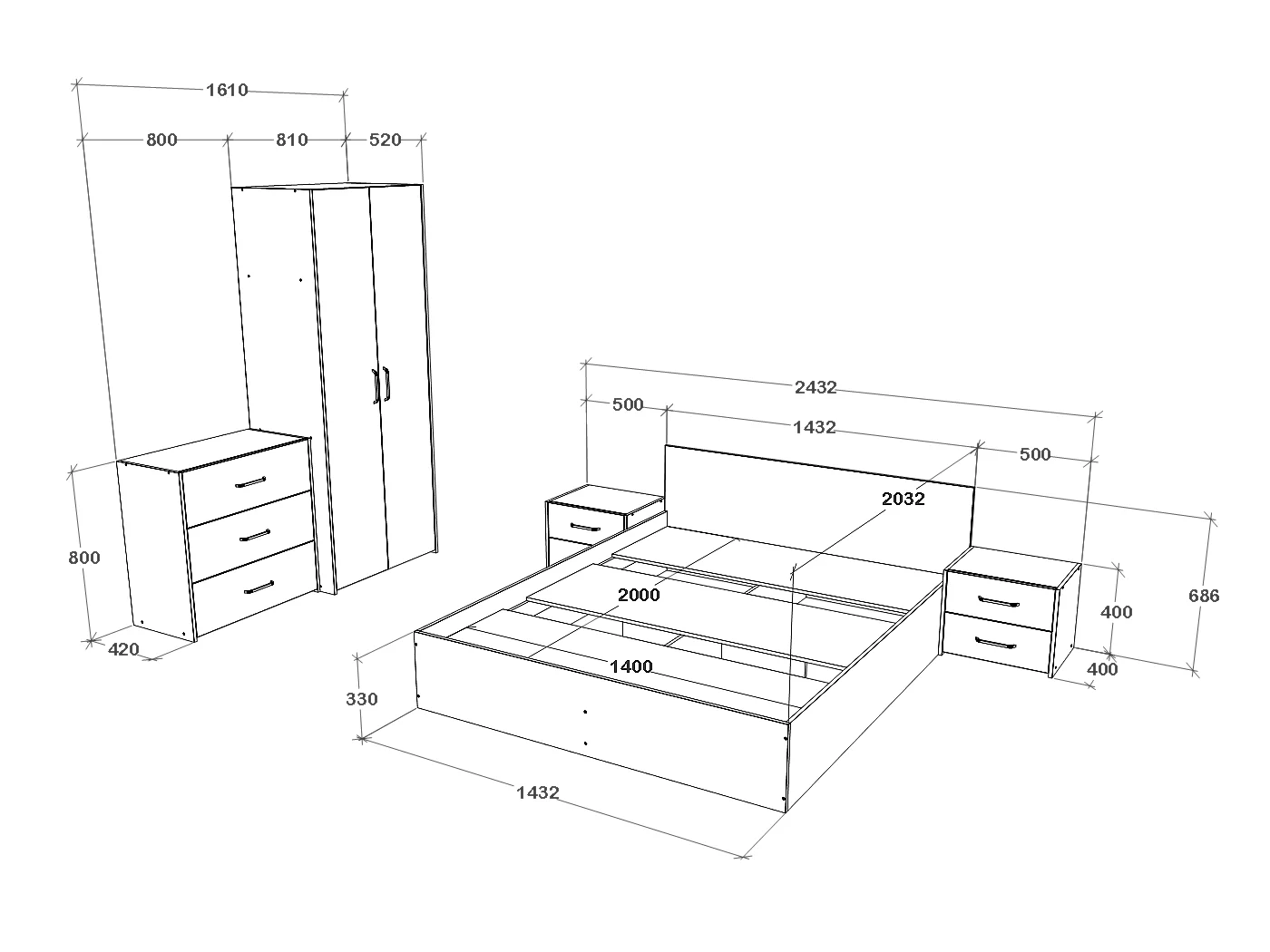 Set camera da letto haaus Malmo V2, Letto 200 x 140 cm, Rovere Bianco/Antracite