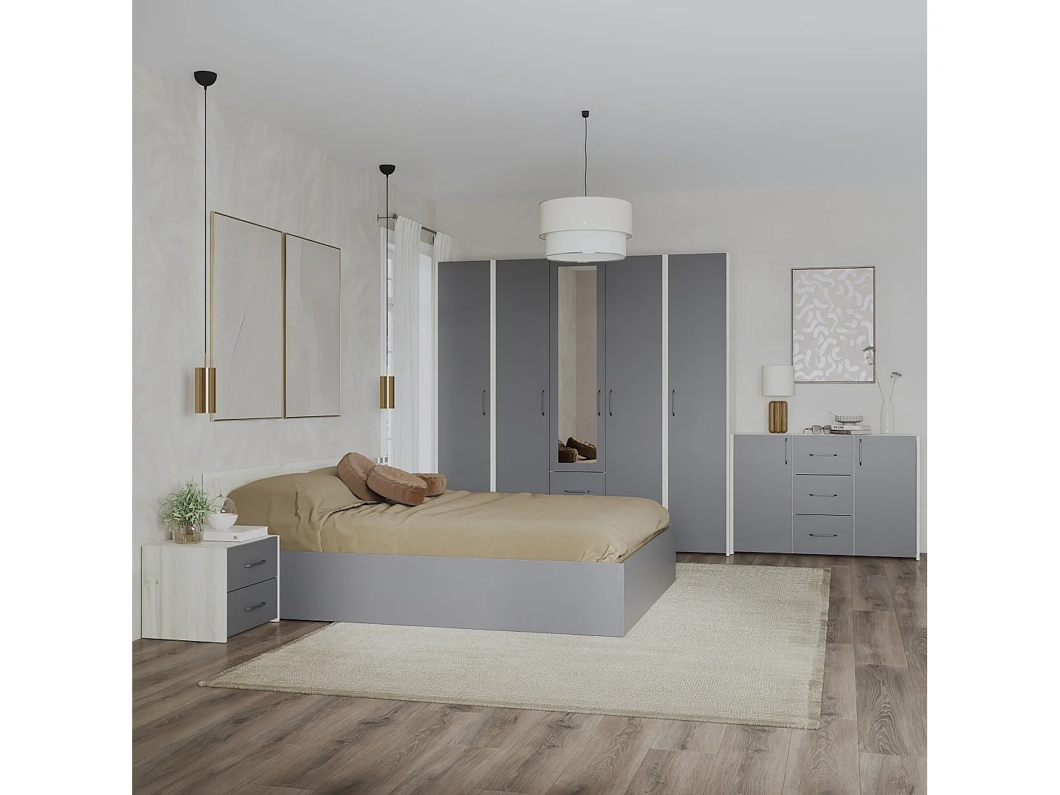 Set camera da letto haaus Malmo V9, Letto 200 x 140 cm, Rovere Bianco/Antracite