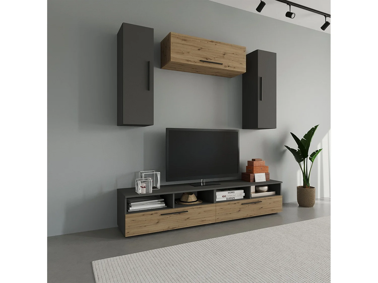 Ensemble salon haaus Kos V 18, 5 pièces, meubles TV, armoires suspendues, Anthracite/Chêne Artisan, L 190 cm