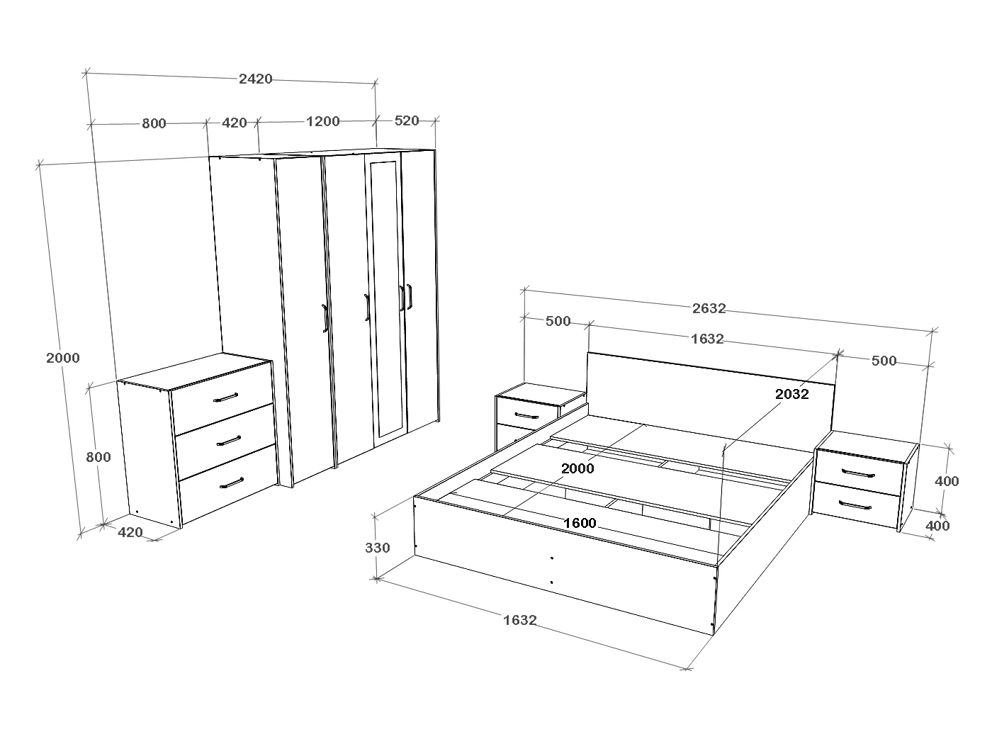 Set camera da letto haaus Malmo V8, Letto 200 x 160 cm, Rovere Artisan/Argilla