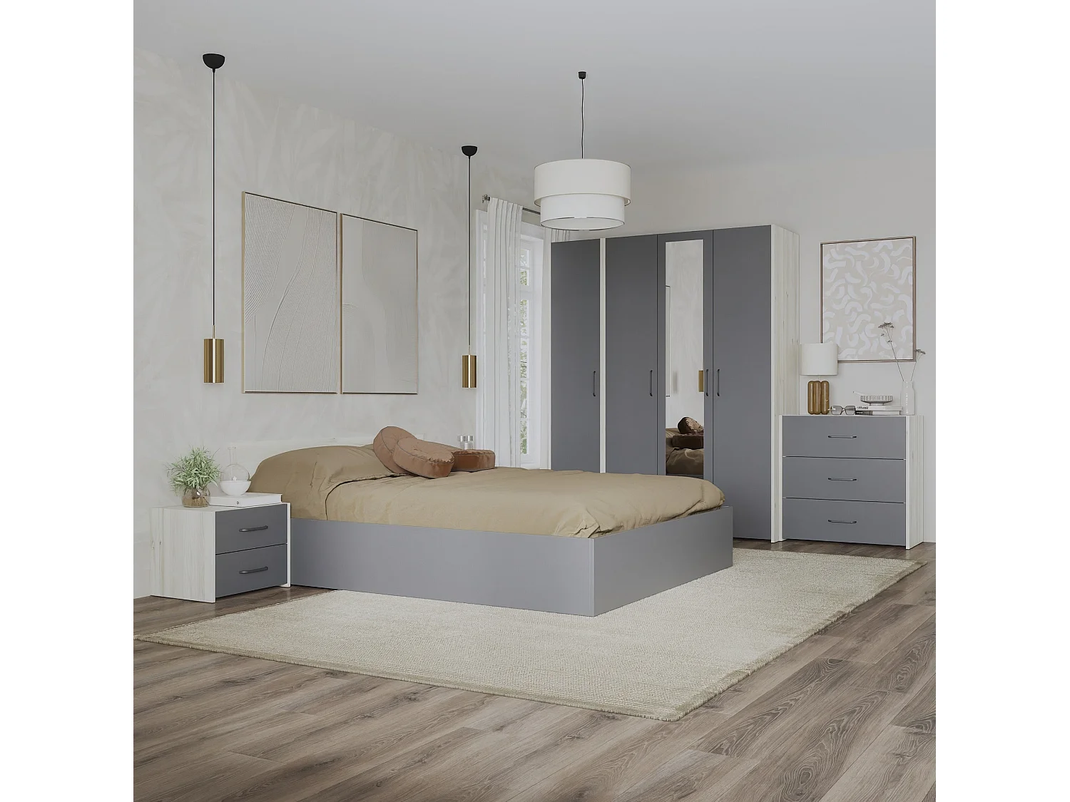 Set camera da letto haaus Malmo V8, Letto 200 x 160 cm, Rovere Bianco/Antracite