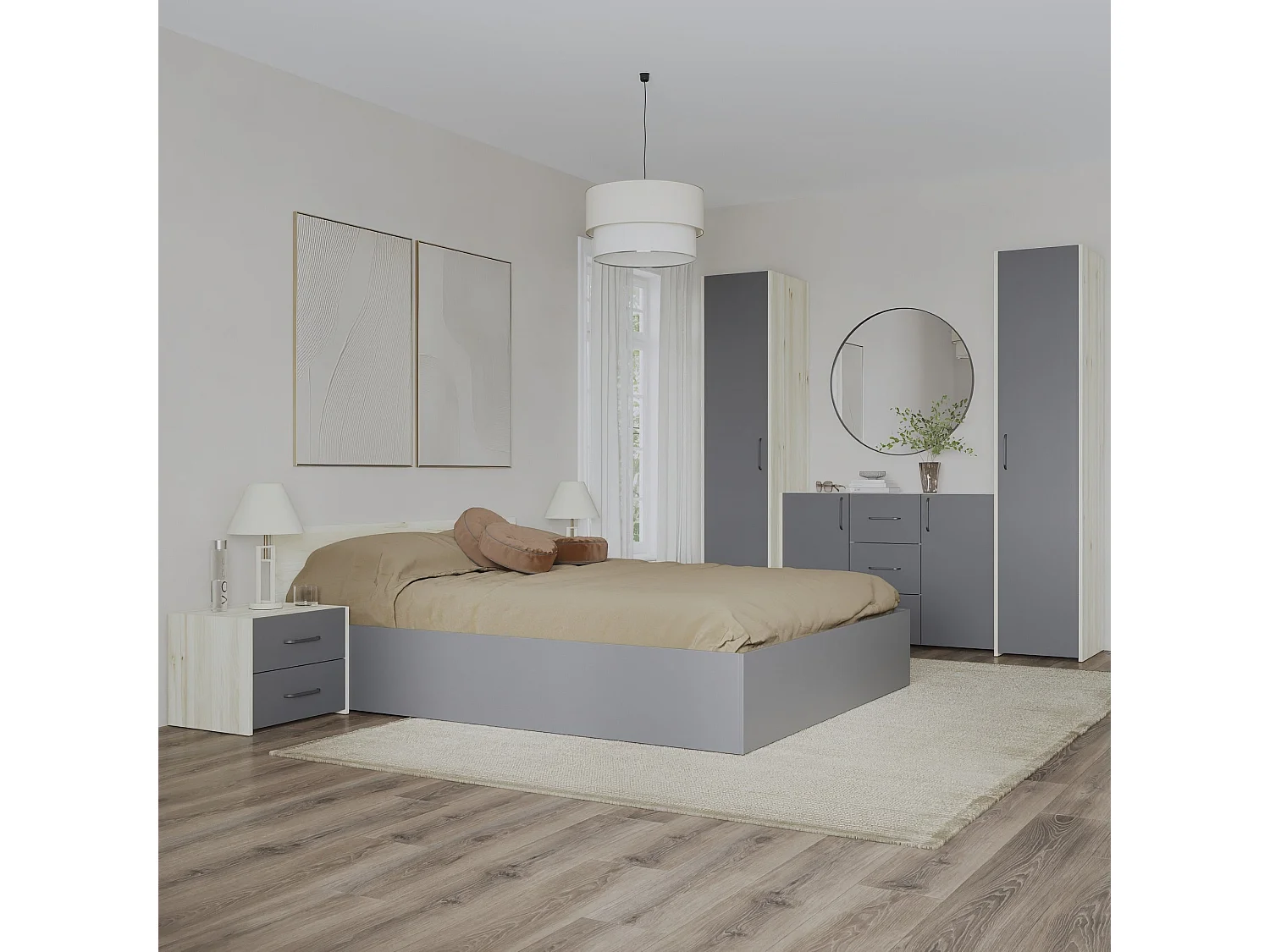 Set camera da letto haaus Malmo V5, Letto 200 x 140 cm, Rovere Bianco/Antracite