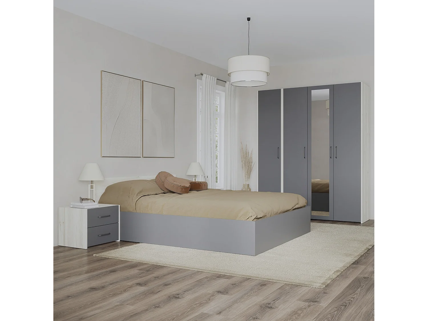 Set camera da letto haaus Malmo V7, Letto 200 x 140 cm, Rovere Bianco/Antracite