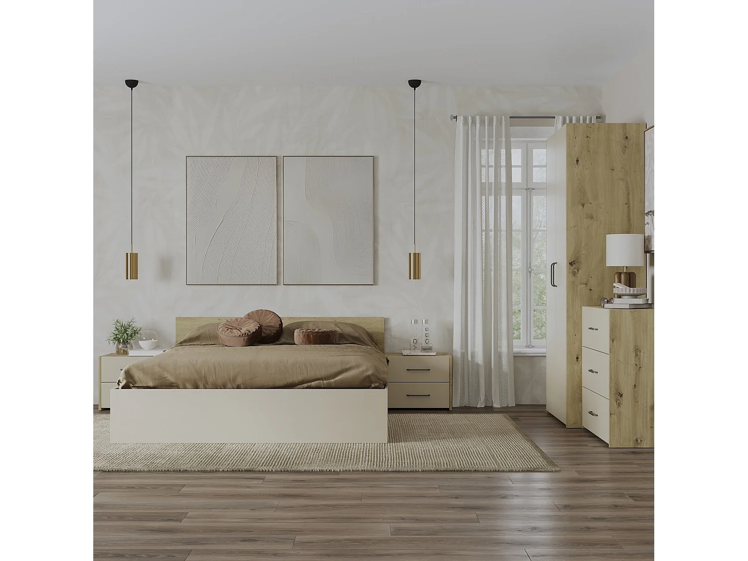 Set camera da letto haaus Malmo V2, Letto 200 x 140 cm, Rovere Artisan/Argilla