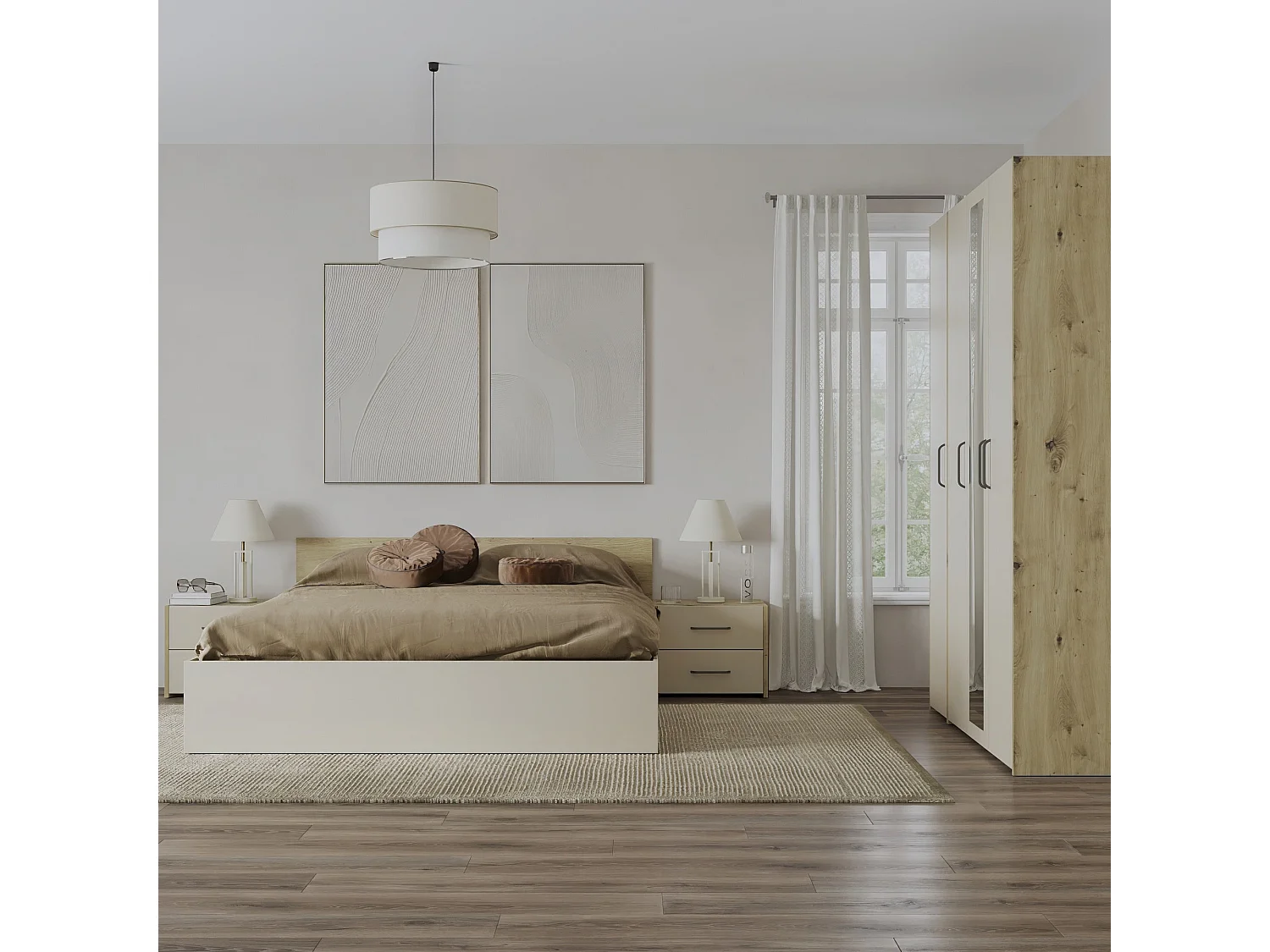 Set camera da letto haaus Malmo V7, Letto 200 x 140 cm, Rovere Artisan/Argilla