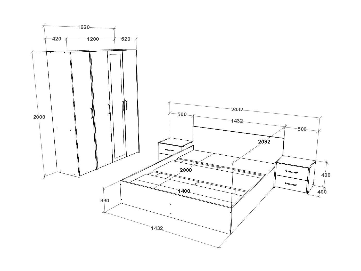 Set camera da letto haaus Malmo V7, Letto 200 x 140 cm, Rovere Artisan/Argilla