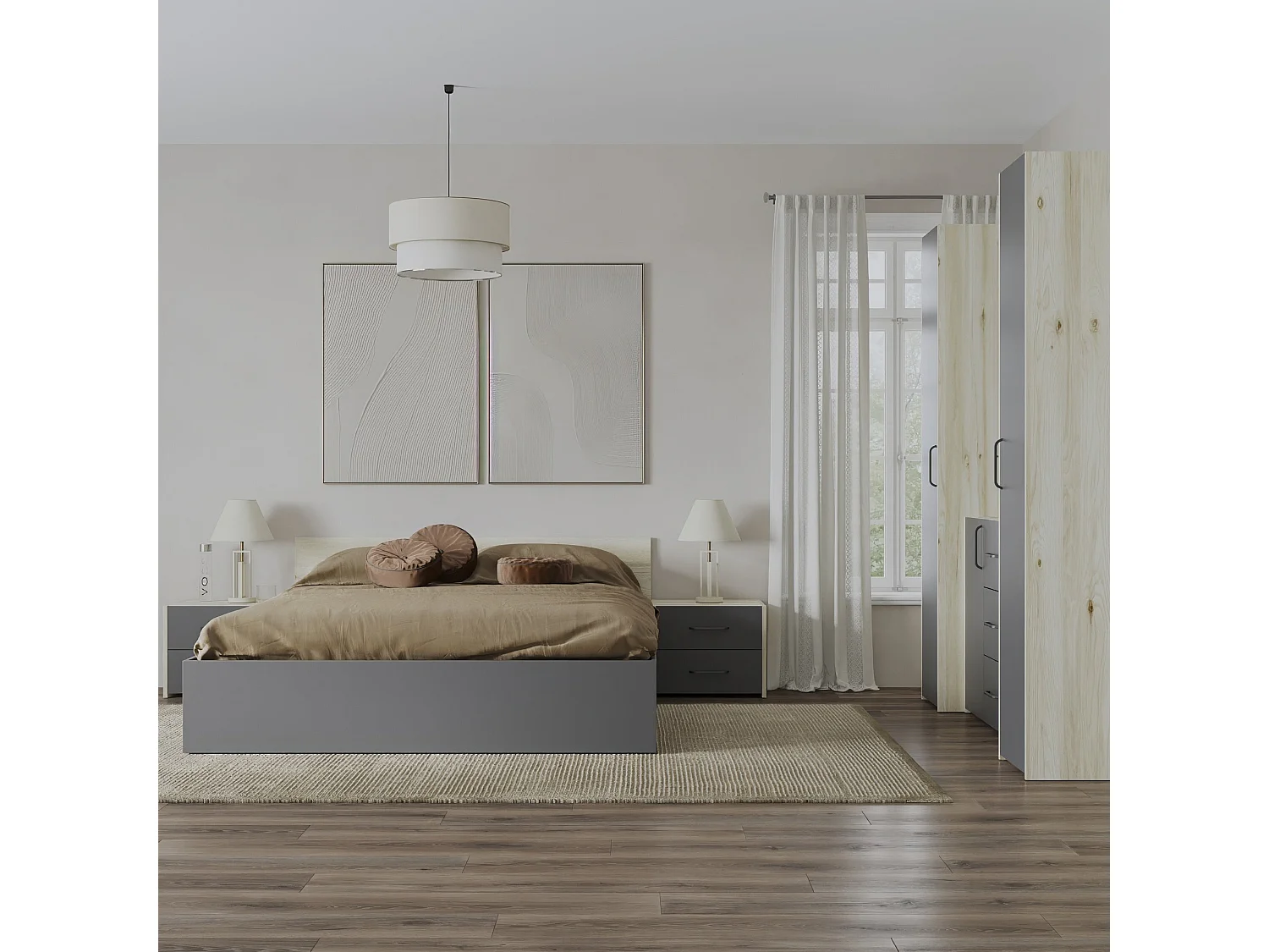 Set camera da letto haaus Malmo V5, Letto 200 x 160 cm, Rovere Bianco/Antracite