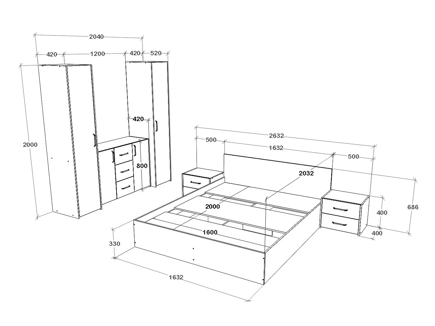 Set camera da letto haaus Malmo V5, Letto 200 x 160 cm, Rovere Bianco/Antracite