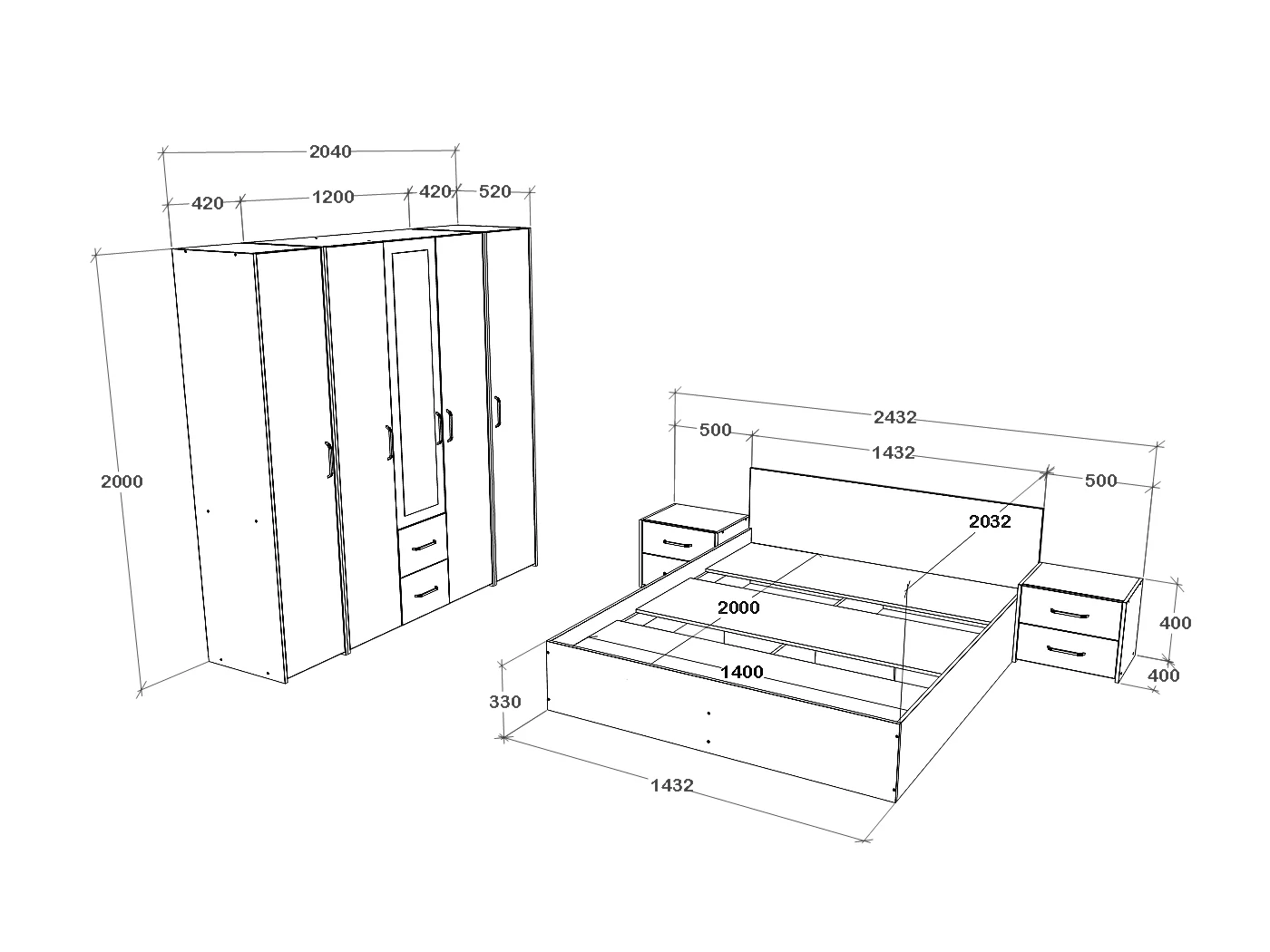 Set camera da letto haaus Malmo V10, Letto 200 x 140 cm, Rovere Artisan/Argilla