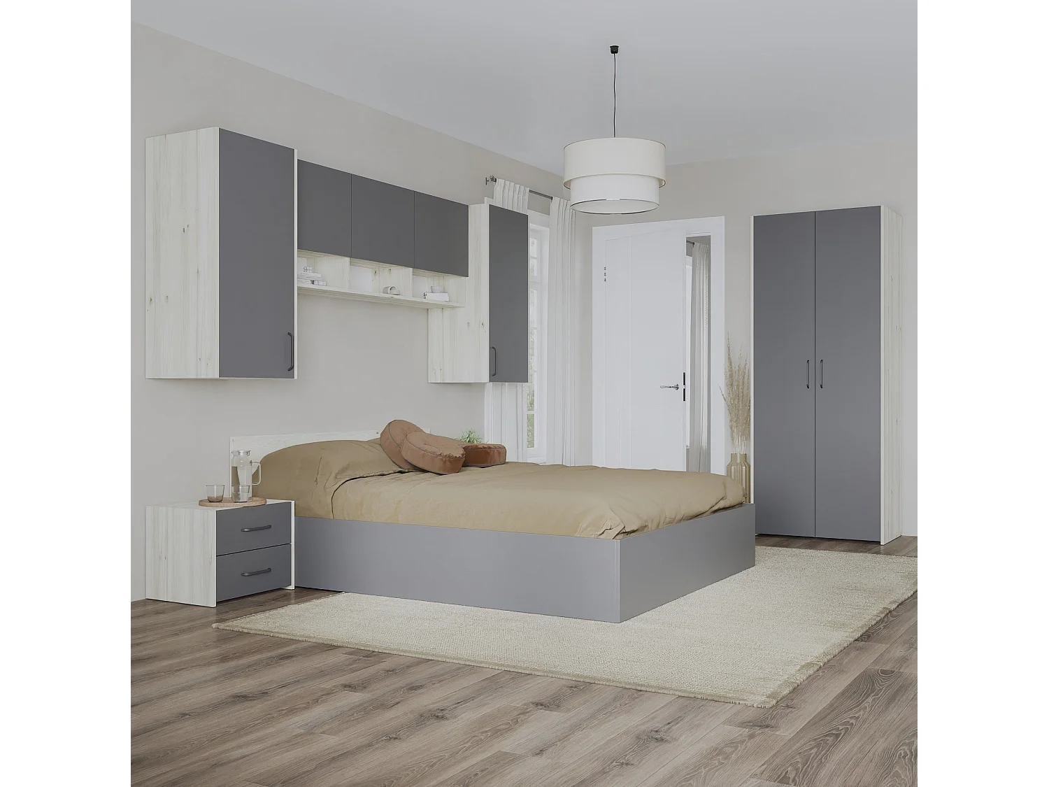 Set camera da letto haaus Malmo V17, Letto 200 x 140 cm, Rovere Bianco/Antracite