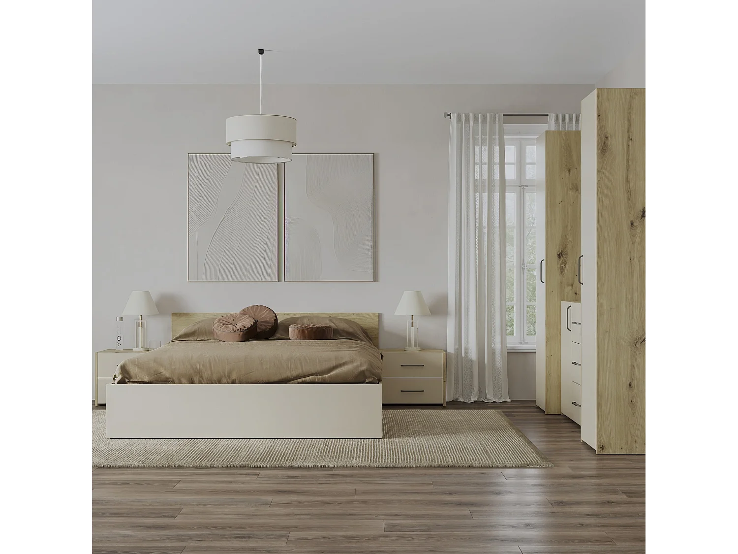 Set camera da letto haaus Malmo V5, Letto 200 x 160 cm, Rovere Artisan/Argilla