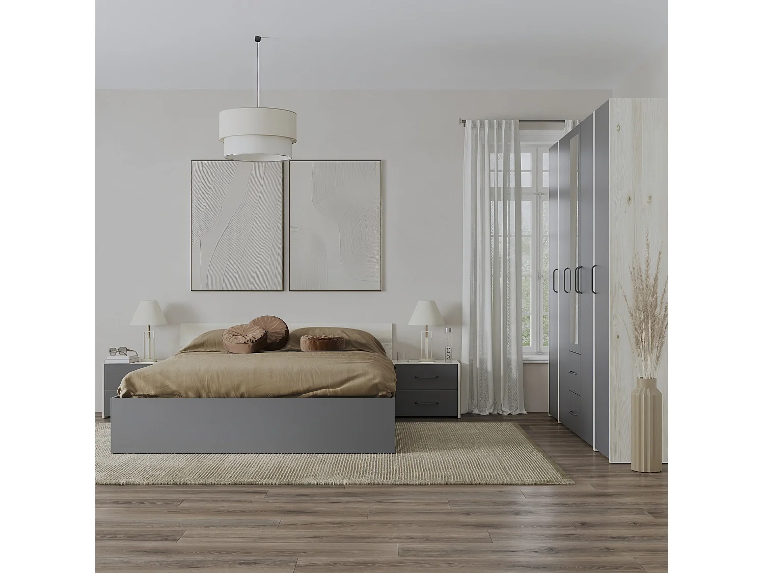 Set camera da letto haaus Malmo V10, Letto 200 x 140 cm, Rovere Bianco/Antracite