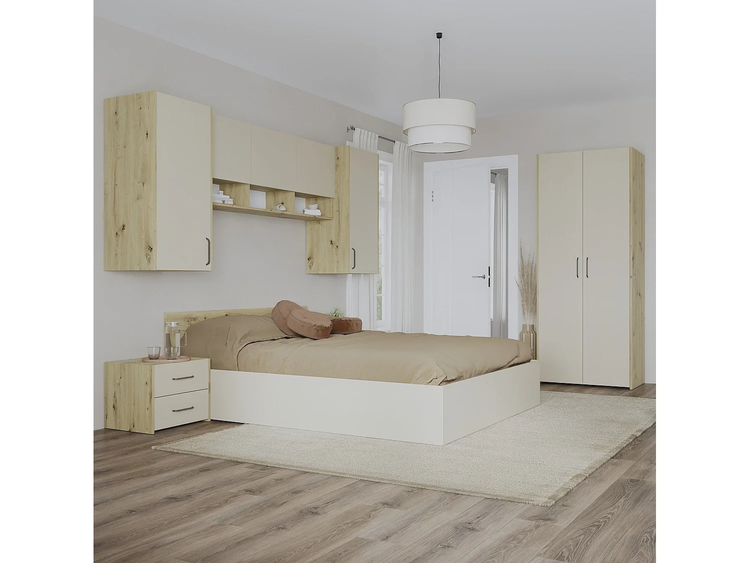 Set camera da letto haaus Malmo V17, Letto 200 x 140 cm, Rovere Artisan/Argilla
