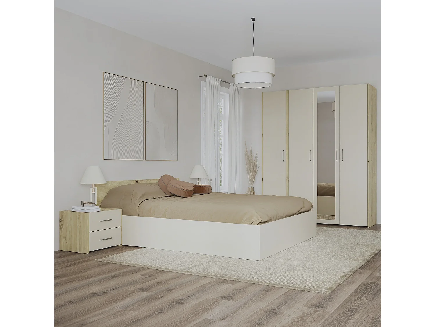 Set camera da letto haaus Malmo V7, Letto 200 x 160 cm, Rovere Artisan/Argilla