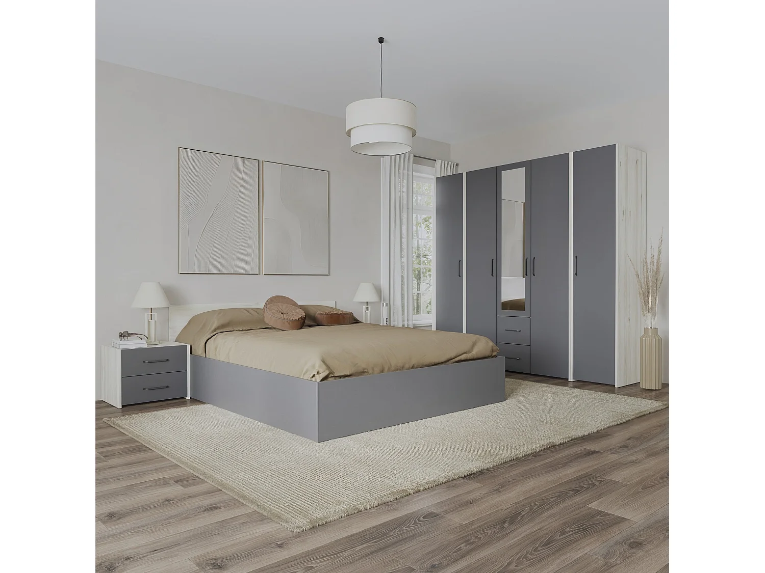 Set camera da letto haaus Malmo V10, Letto 200 x 160 cm, Rovere Bianco/Antracite