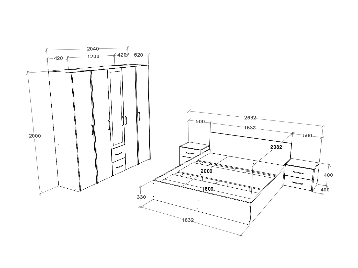 Set camera da letto haaus Malmo V10, Letto 200 x 160 cm, Rovere Bianco/Antracite