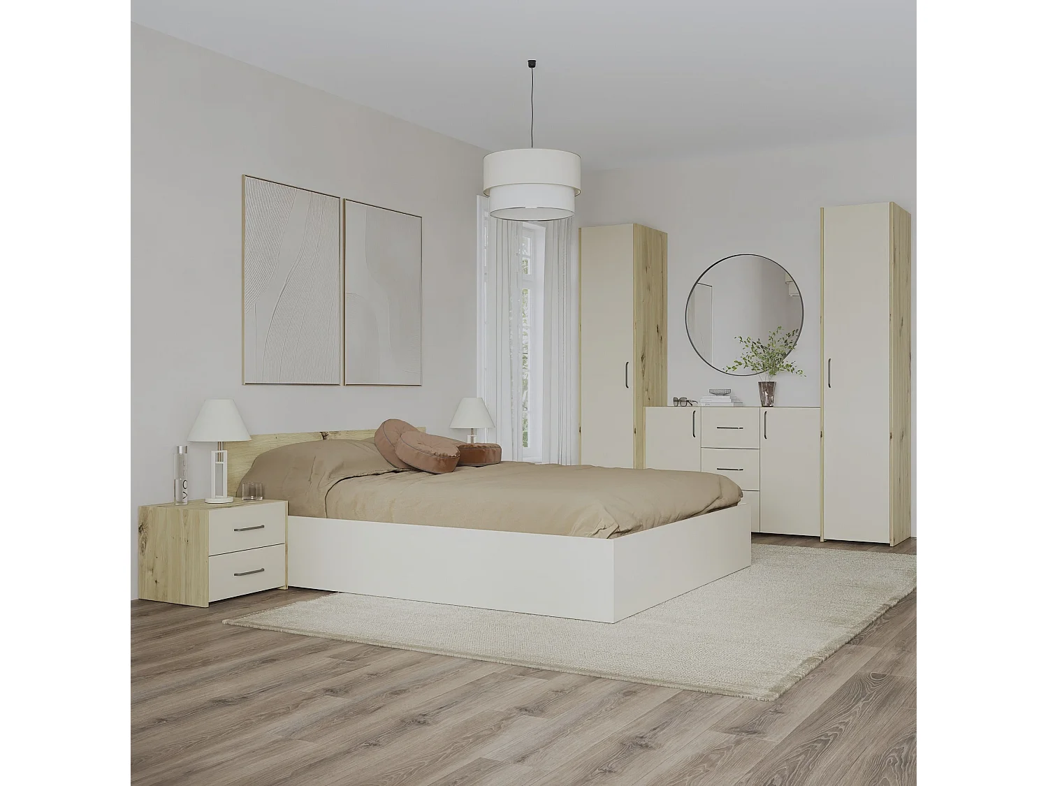 Set camera da letto haaus Malmo V5, Letto 200 x 140 cm, Rovere Artisan/Argilla