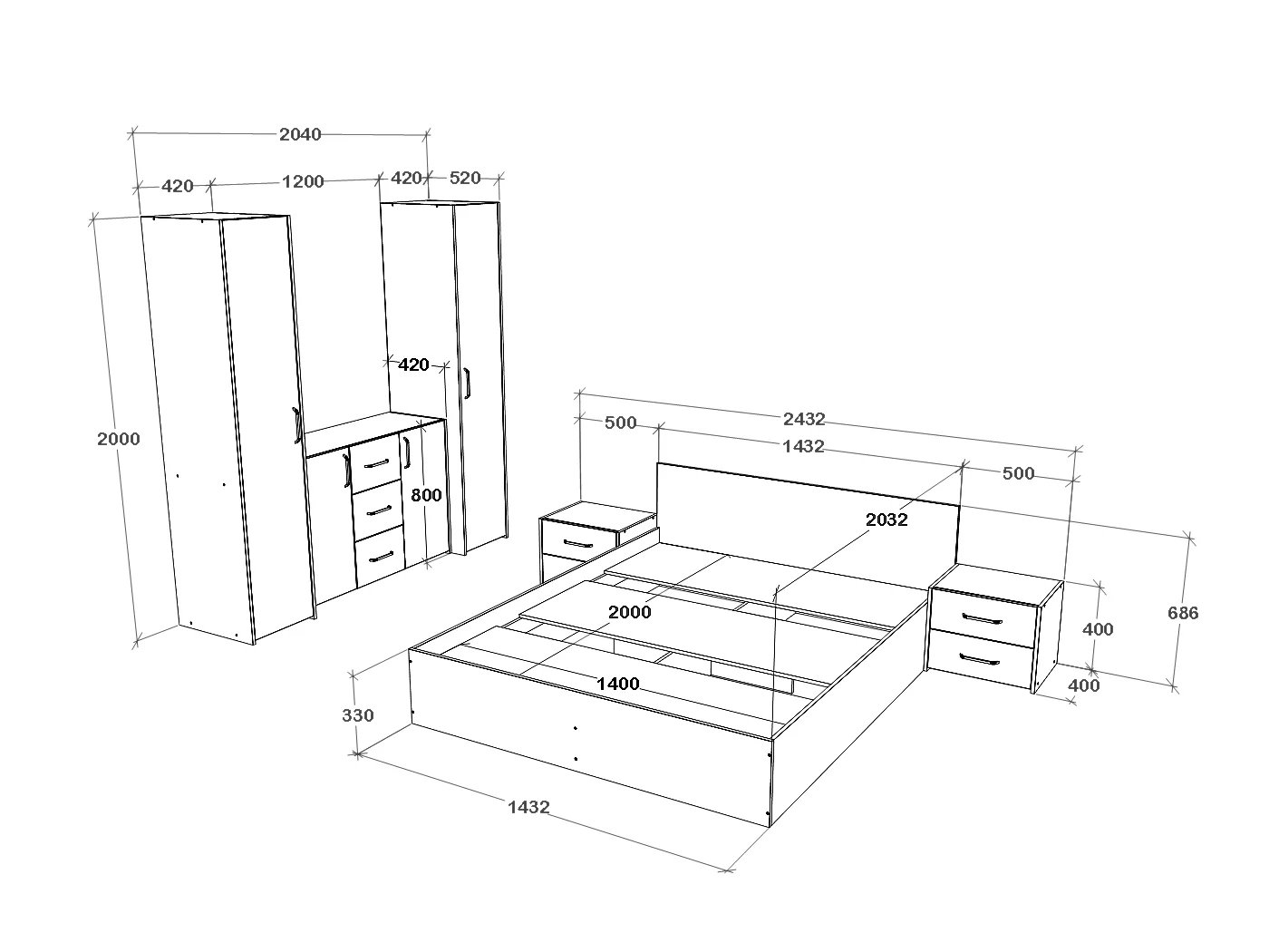 Set camera da letto haaus Malmo V5, Letto 200 x 140 cm, Rovere Artisan/Argilla