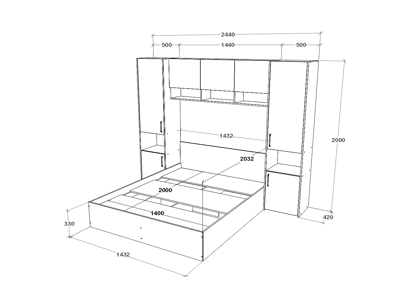 Set camera da letto haaus Malmo V11, Letto 200 x 140 cm, Rovere Bianco/Antracite