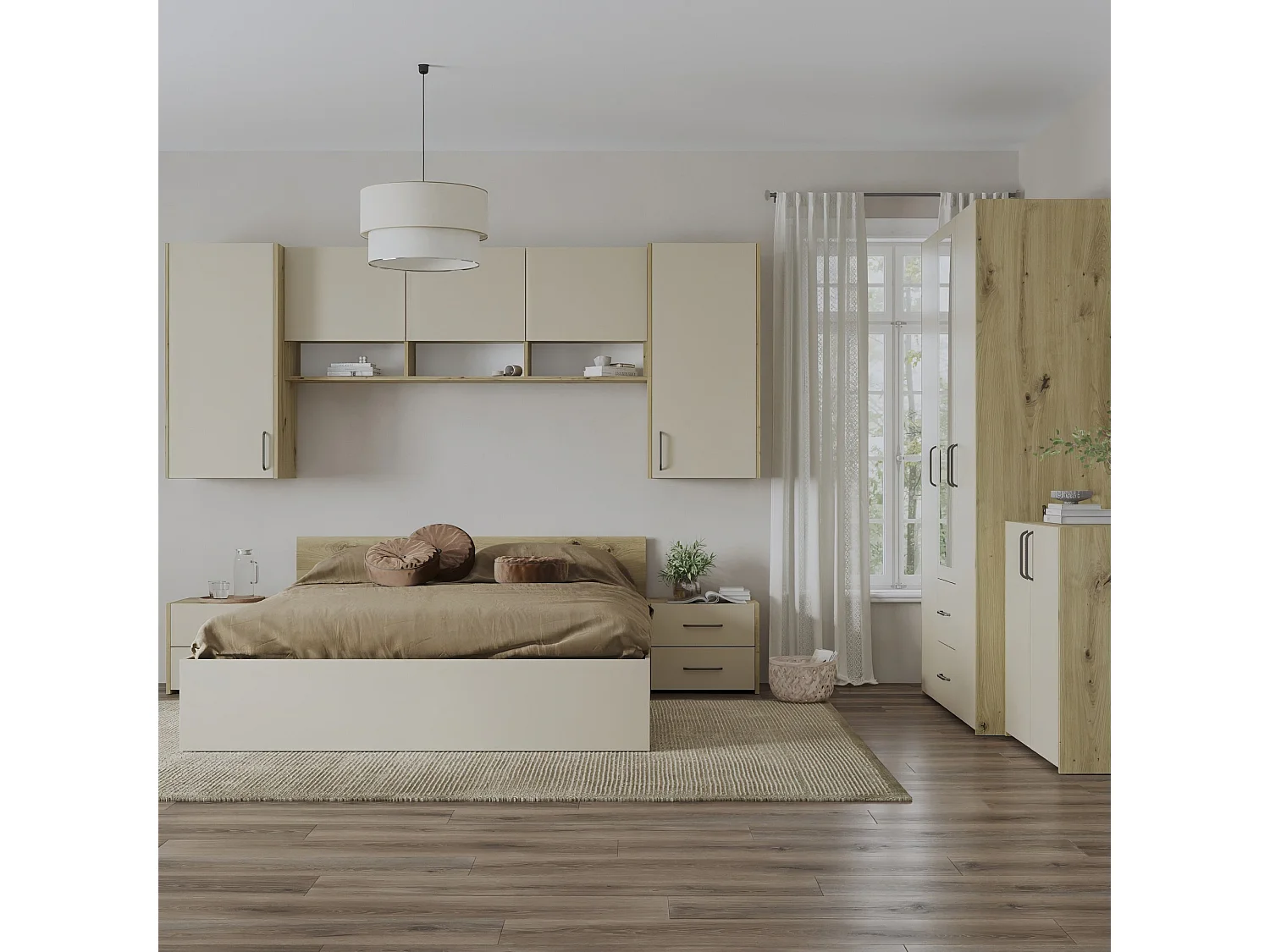 Set camera da letto haaus Malmo V14, Letto 200 x 140 cm, Rovere Artisan/Argilla