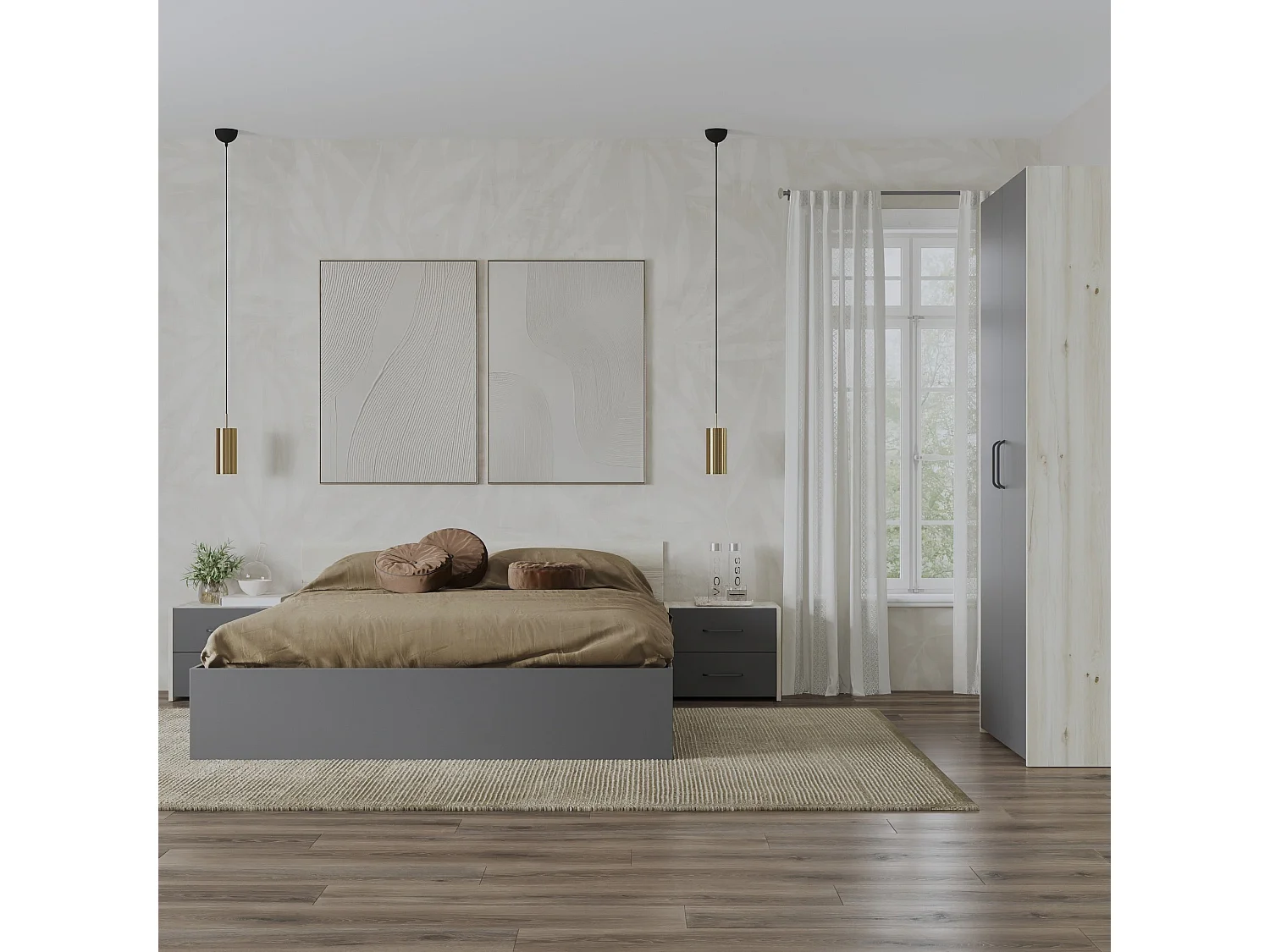 Set camera da letto haaus Malmo V1, Letto 200 x 140 cm, Rovere Bianco/Antracite