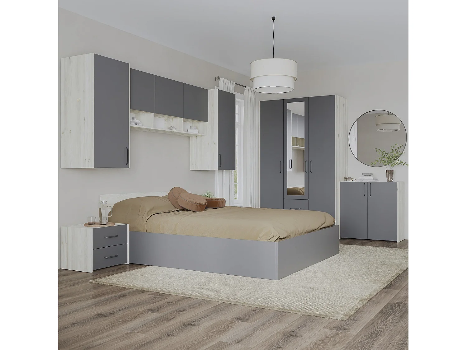 Set camera da letto haaus Malmo V14, Letto 200 x 140 cm, Rovere Bianco/Antracite